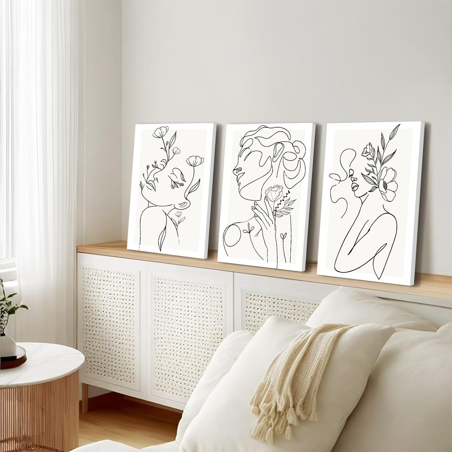 yulihaz Minimalist Woman Flower Line Wall Art Set of 3 Neutral Modern Abstract Black and White Girl Canvas Painting Poster Prints Picture Wall Decor for Bedroom Living Room Framed 12x16 inch