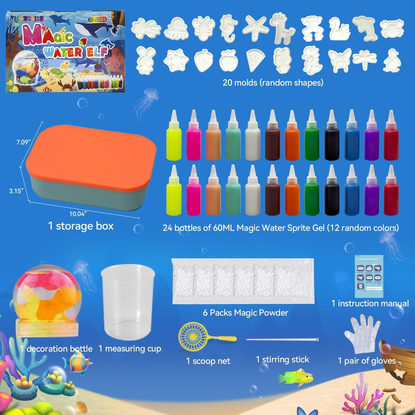 DIY Magic Gel Water Pets Sensory Play,Easy-To-Mold Aqua Fairy Water Gel Kit,Non-Fading Fine Motor Skills Craft,Relaxing Healing Activity for Rainy Days,Bath Time & School Projects(24 bottles 20 molds)