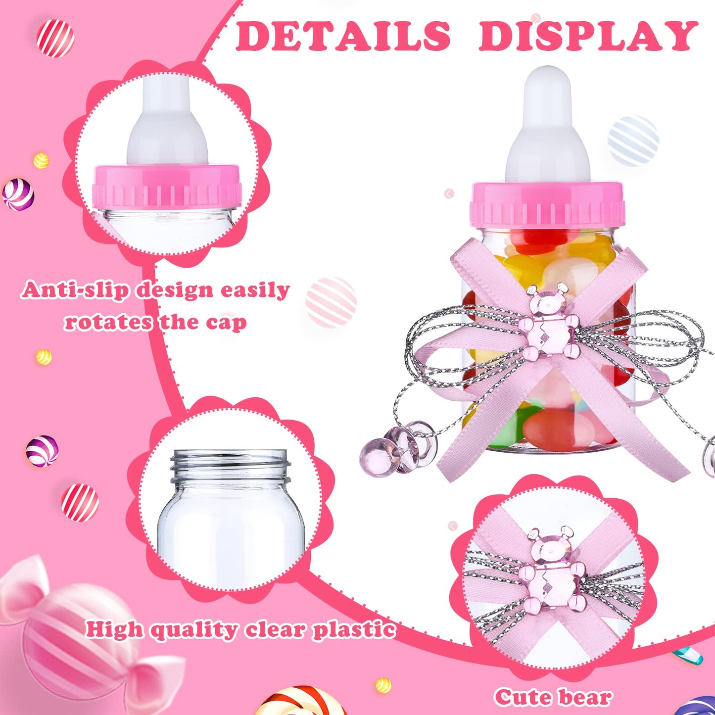 62 Pcs 3.5 Inch Baby Mini Milk Bottle Baby Shower Favor with 500 Adhesive Thank You for Showering Stickers, Small Plastic Bear Candy Bottle for Boy Girl Newborn Baptism Party Decor (Pink)