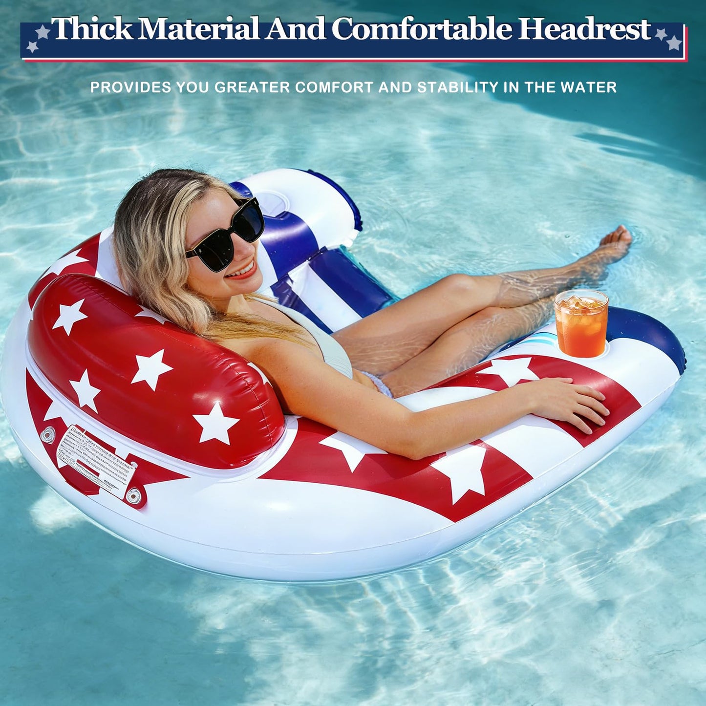 2 Pack Inflatable Pool Floats Chair Adult, American Flag Pool Lounge Chairs with Cup Holders & Backrest,Blow Up Patriotic Pool Floaties for 4th of July Party,250th Anniversary,Summer Beach Lake Party