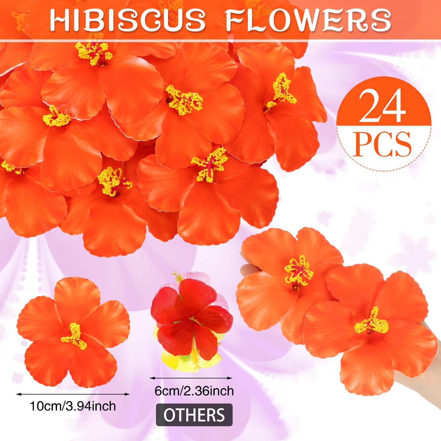 Hotop 24 Pcs Artificial Hibiscus Flowers Orange Hawaiian Fake Flowers Faux Tropical Hibiscus Decoration for Luau Summer Party Decor DIY Crafts Cake Favors Supplies Table Centerpieces
