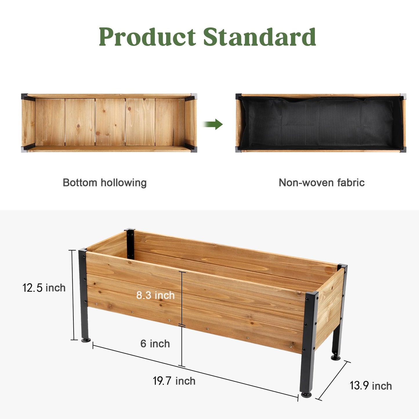 Borsynium Wooden Rectangular Flower Box with Short Iron Legs, Planting Bed for Flowers and Vegetables, Suitable for Garden and Balcony. Dimensions: 19.7x13.9x12.5 inches