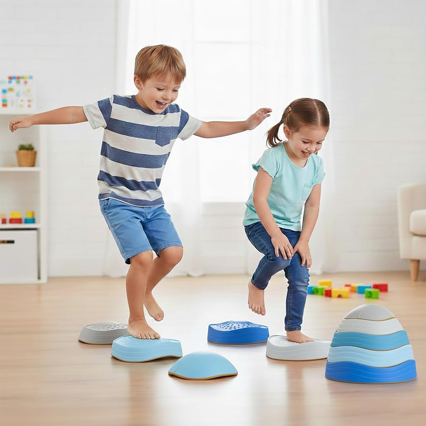 Special Supplies Stepping Stones for Kids, 5 Balance Indoor and Outdoor Blocks Promote Coordination, Balance, Strength, Child Safe Rubber, Non-Slip Edging, Stackable (Ocean)