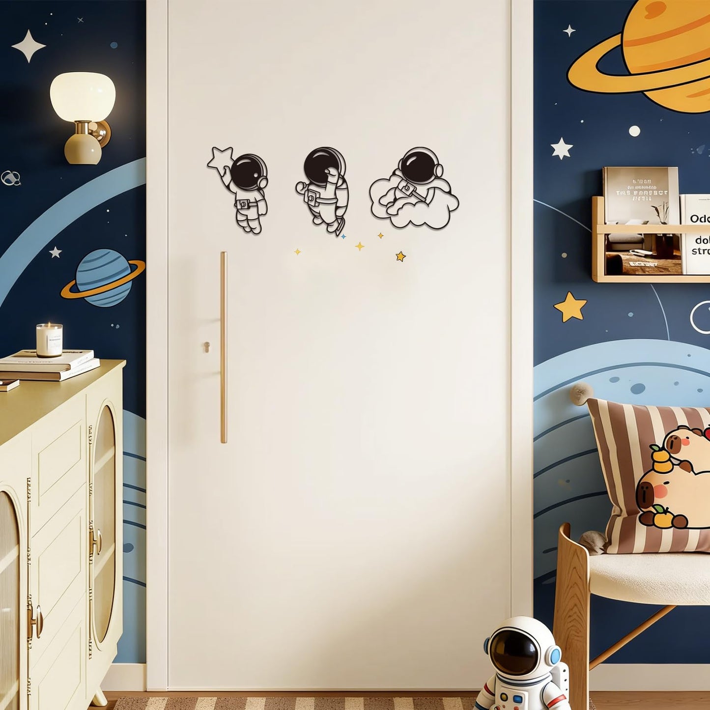 Jasscare Metal Astronaut Wall Art Decor Set of 3, Spaceman Iron Wall Hanging, Modern Space Themed Wall Decoration for Kids Room Bedroom Living Room Nursery, Gifts for Space Lovers