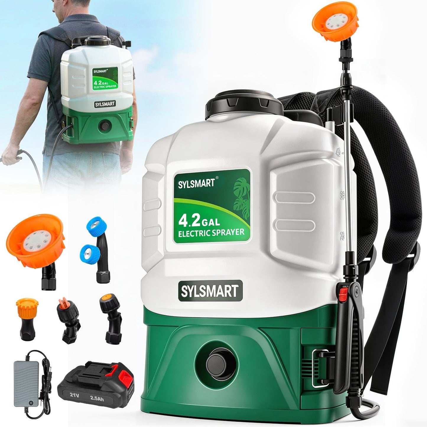 Sylsmart Battery Powered Backpack Sprayer 4 Gallon, 0-100 PSI Strong Electric Sprayer Compatible with Makita 18V Battery, 5 Nozzles, Weed Sprayer for Lawn & Garden, Yard, Fertilizer (Battery Inc)