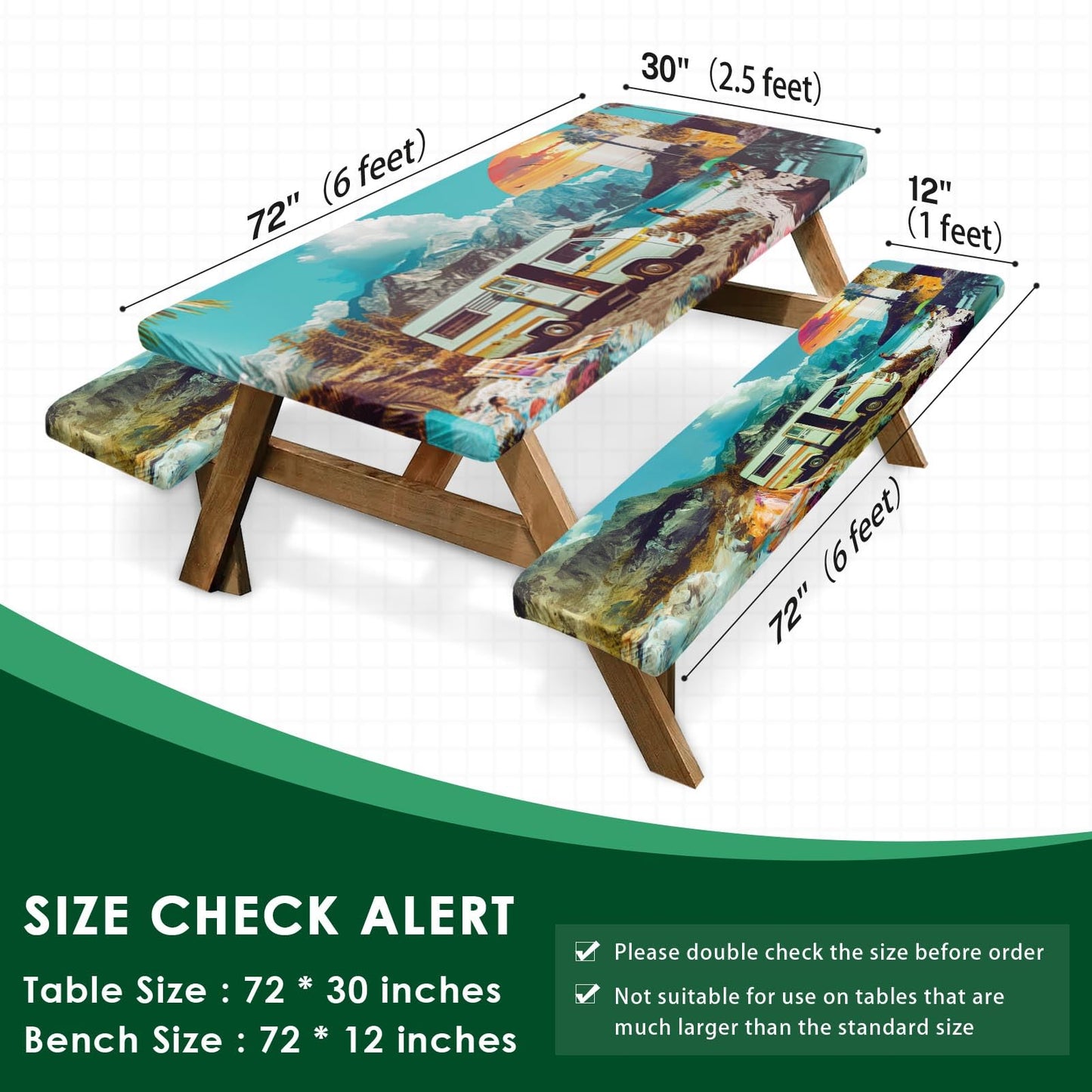 Britown 3 Piece Fitted Picnic Table Cover with Bench Covers, 72"x30" Full Elastic Edge Camping Tablecloth, Waterproof Wipeable RV Outdoor Patio Park Camping Essentials with Drawstring Bag (Travel)
