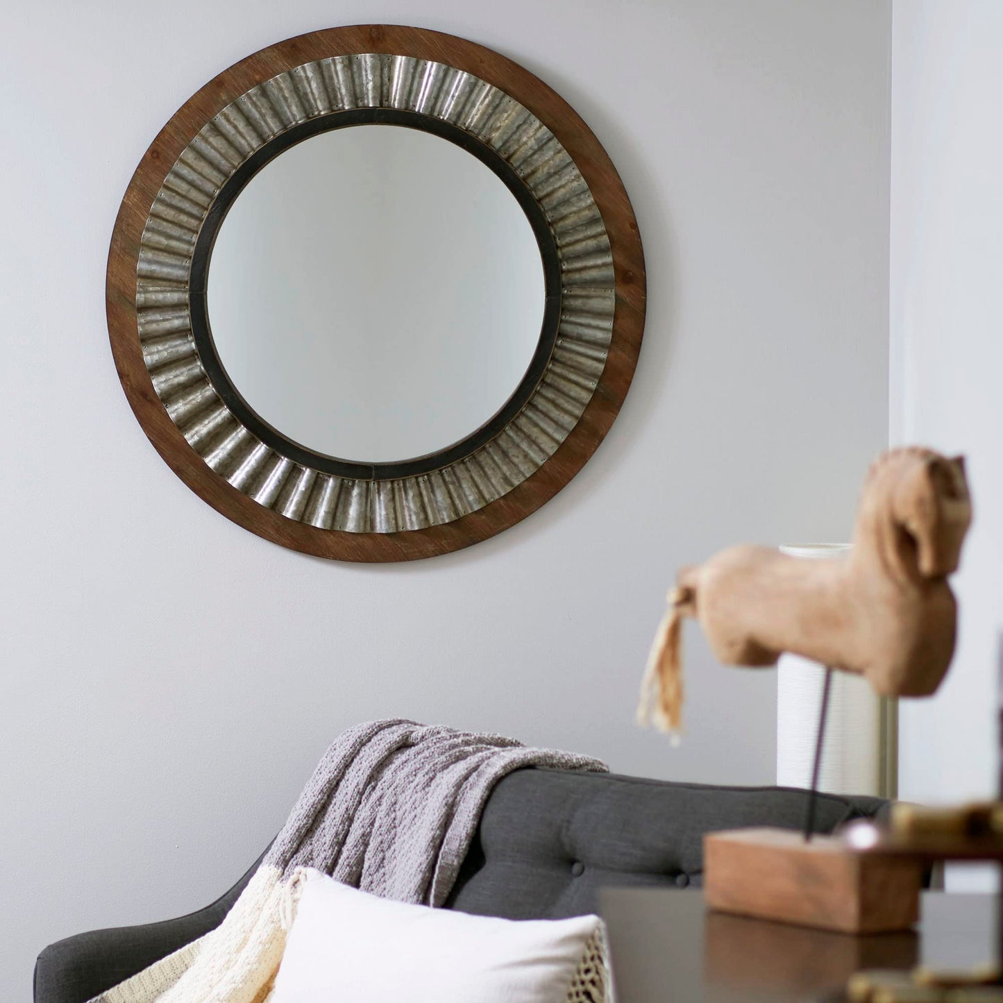 Household Essentials Household Essentials Wood Framed Sunburst Metal Mirror, Brown