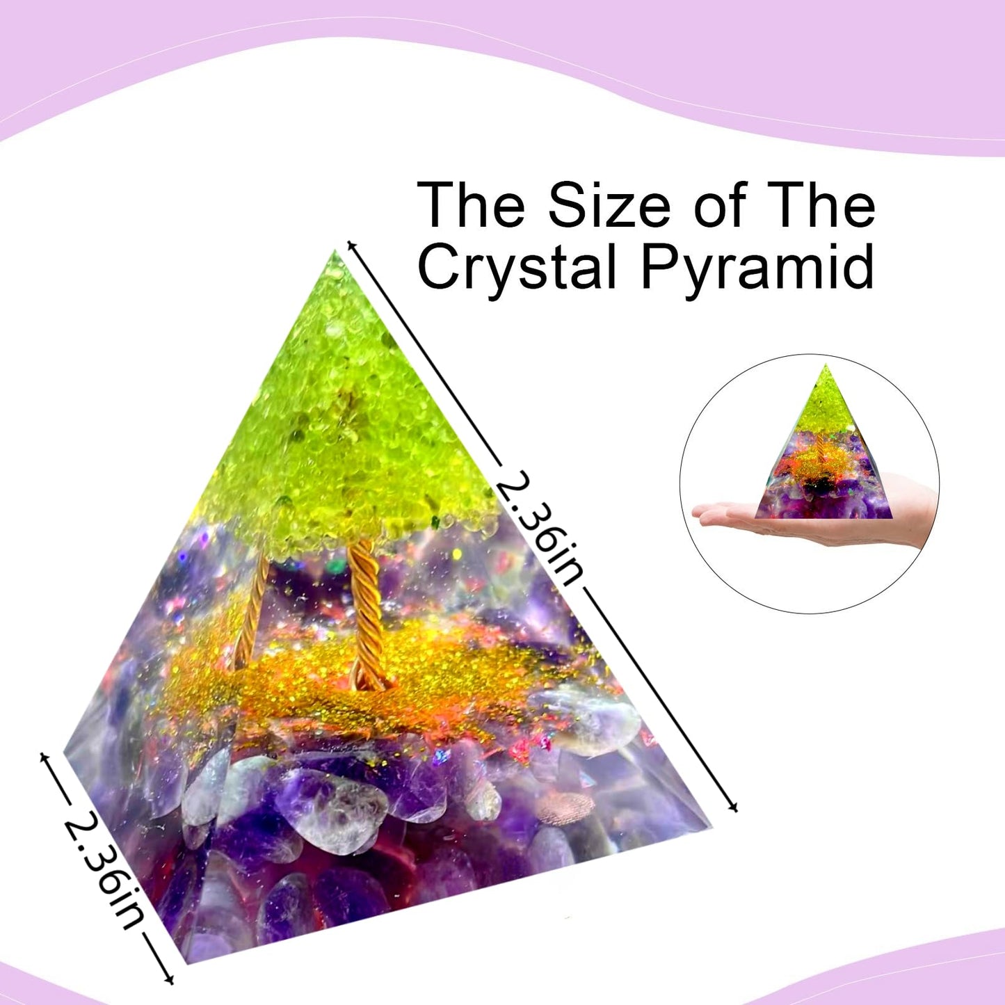 Saefheled Tree of Life Orgone Pyramid,Natural Energy Peridot Amethyst Orgonite Healing Crystal Pyramid,for Reduce Stress,Balance Chakra,Meditation Attract Luck,Accumulate Wealth Health(6cm)