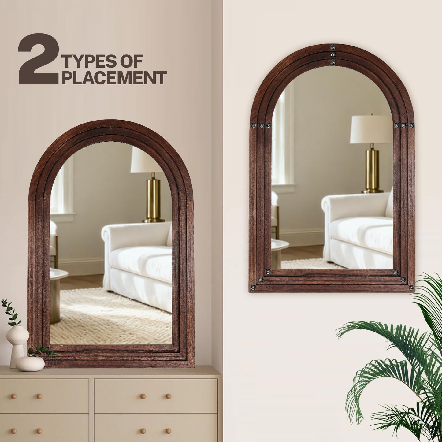 LXWZHK 36"x24" Arched Wooden Frame Wall Mirror, Rustic Vanity Wall Mirror for Bathroom, Bedroom, Brown