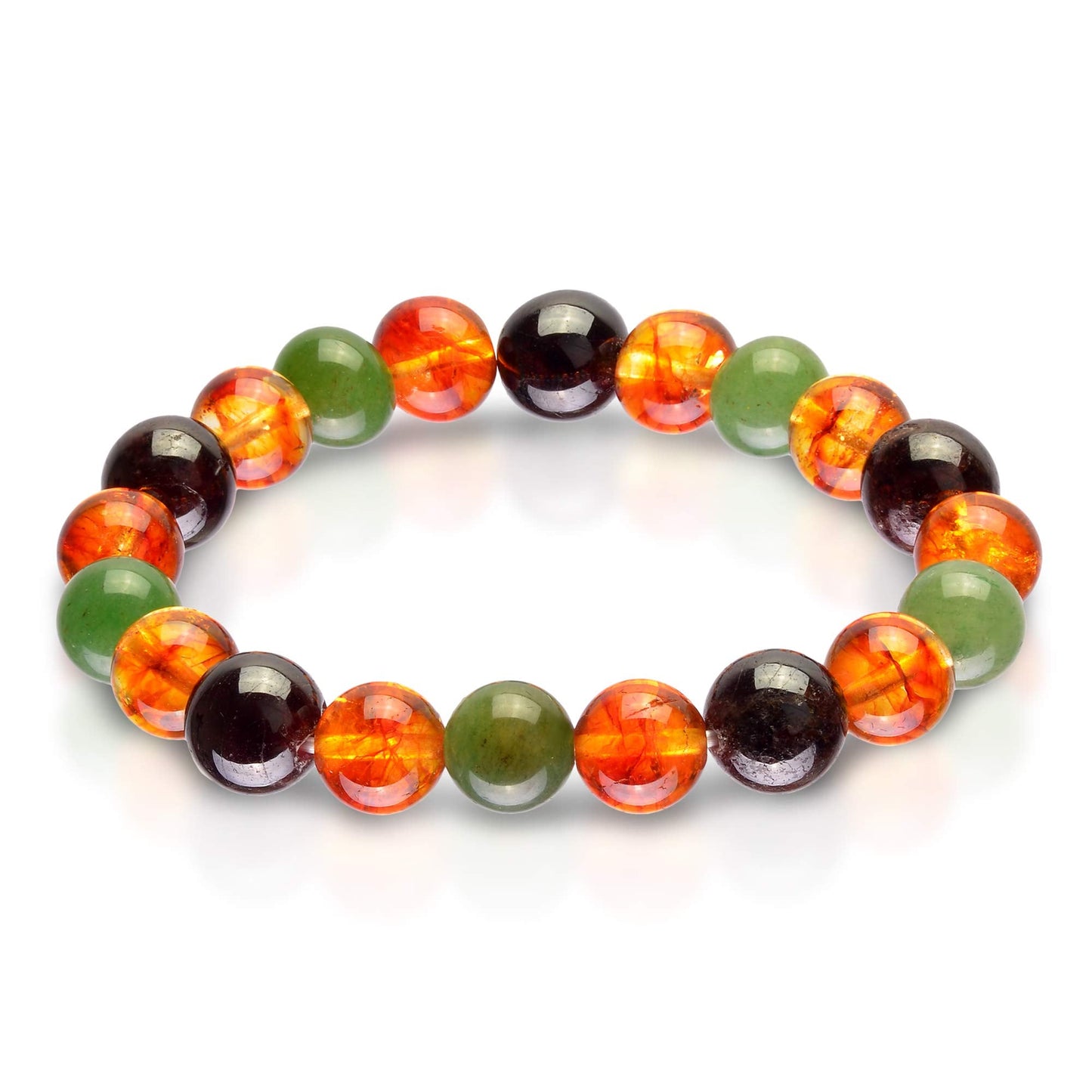 Crystal Agate Triple Stone Money Bracelet - Beaded Stretch Bracelet with Citrine, Red Garnet & Green Aventurine - Meditation, Motivational & Spiritual Gift for Men and Women - 10mm Beads