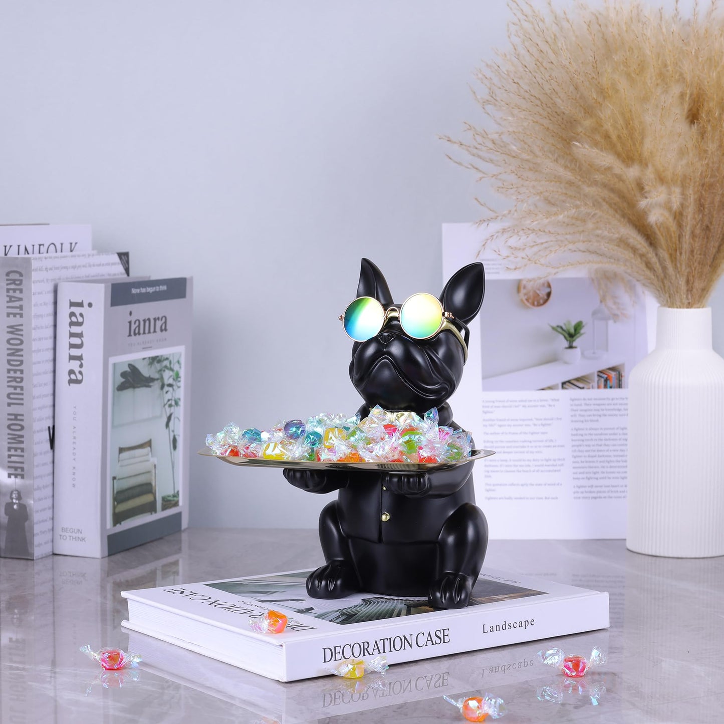 suruim French Bulldog Gifts Key Holder Candy Dish Tray Home Decor Resin Butler Statue Key Bowl Entryway Table Frenchie Dog Sculpture Dining Table Decor Office Small Object Tray (Black)