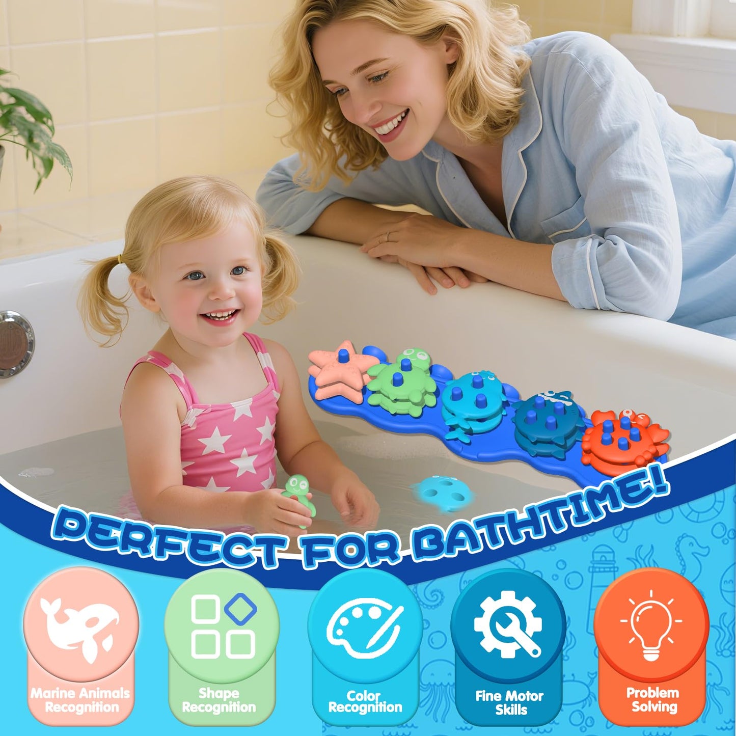 Baby Bath Toys, Premium Silicone Mold Free Ocean Animal Shape Sorting & Stacking Toddlers Bath Toys, No Hole Bathtub Floating Toys Gift for Boys Girls, Early Learning Sensory Water Toys, Bathtime Fun