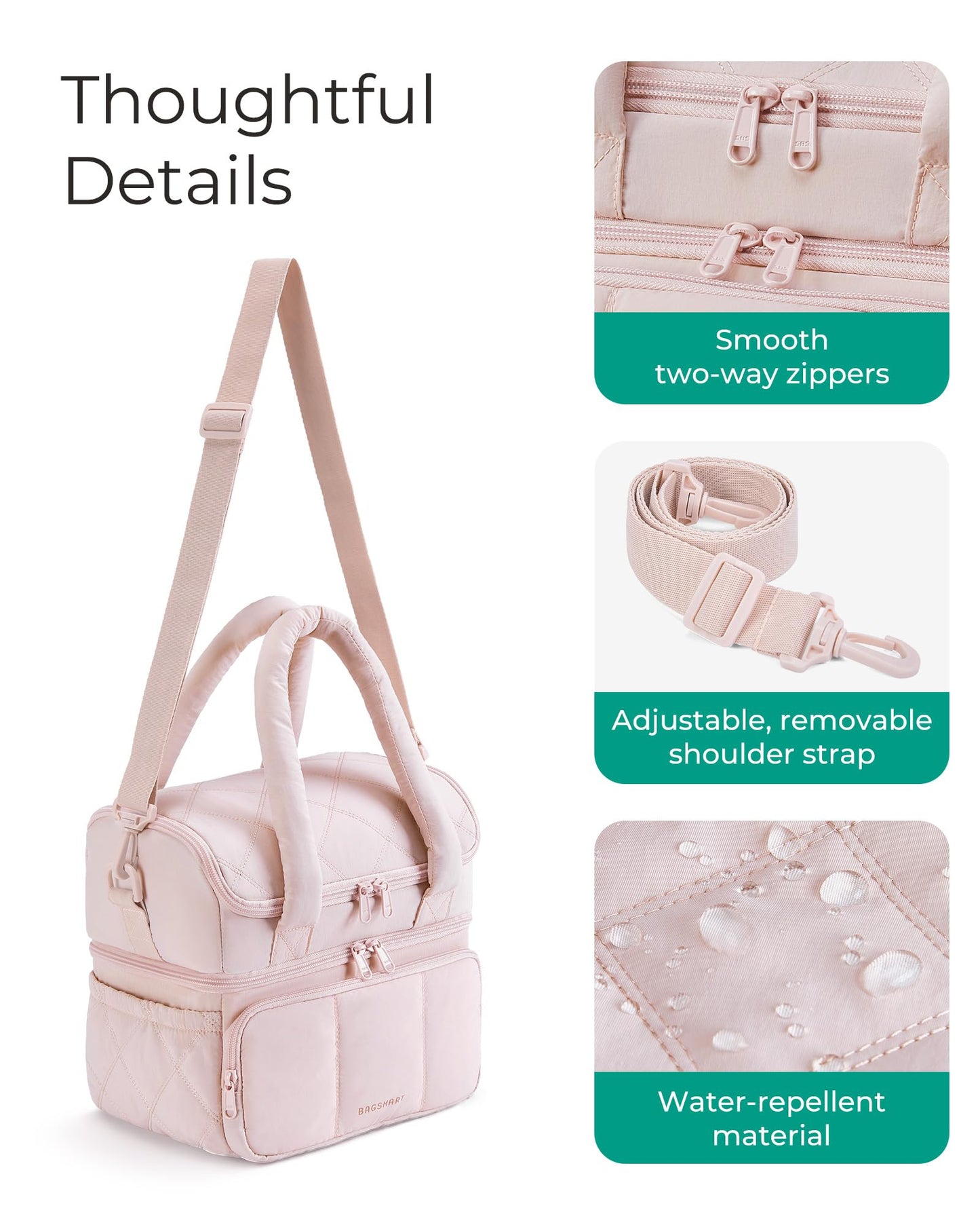 BAGSMART Lunch Bag Women, Double Deck Insulated Lunch Box, Quilted Puffer Lunch Tote, Leakproof, Durable & Reusable Large Lunch Cooler For Work Picnic Travel Meal Prep, Dark Pink