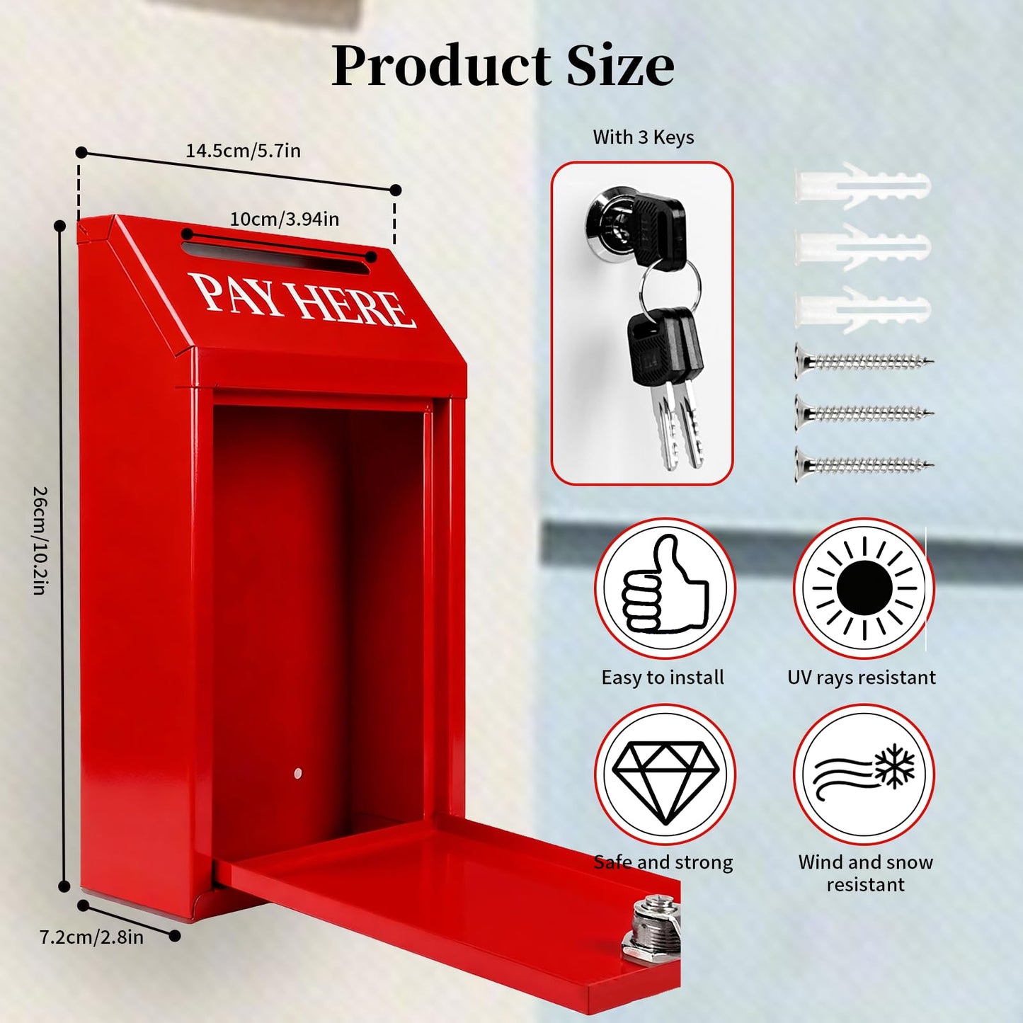 Locking Metal Cash Box with Key – 10.2"x5.7"x2.8" Money Collection Safe for Farm Stand or Retail – OPEN Flag Banner Kit with Pole & Bracket, Double-Sided Canvas Open Sign 42"x12" (Red)