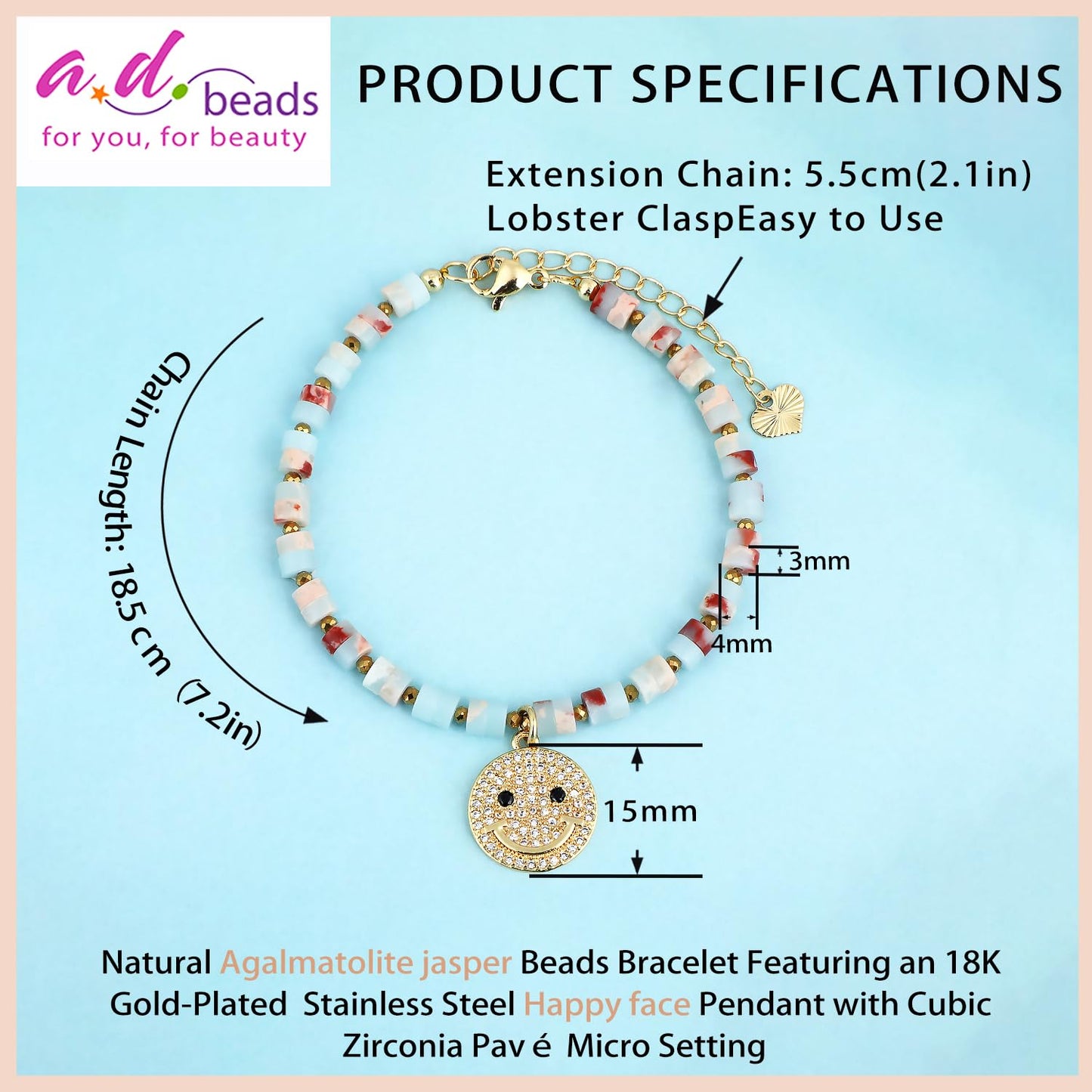Natural Gemstone Healing Crystal Agalmatolite jasper Dainty Charms Happy face Bracelet Adjustable Chain Extender Minimalist Jewelry