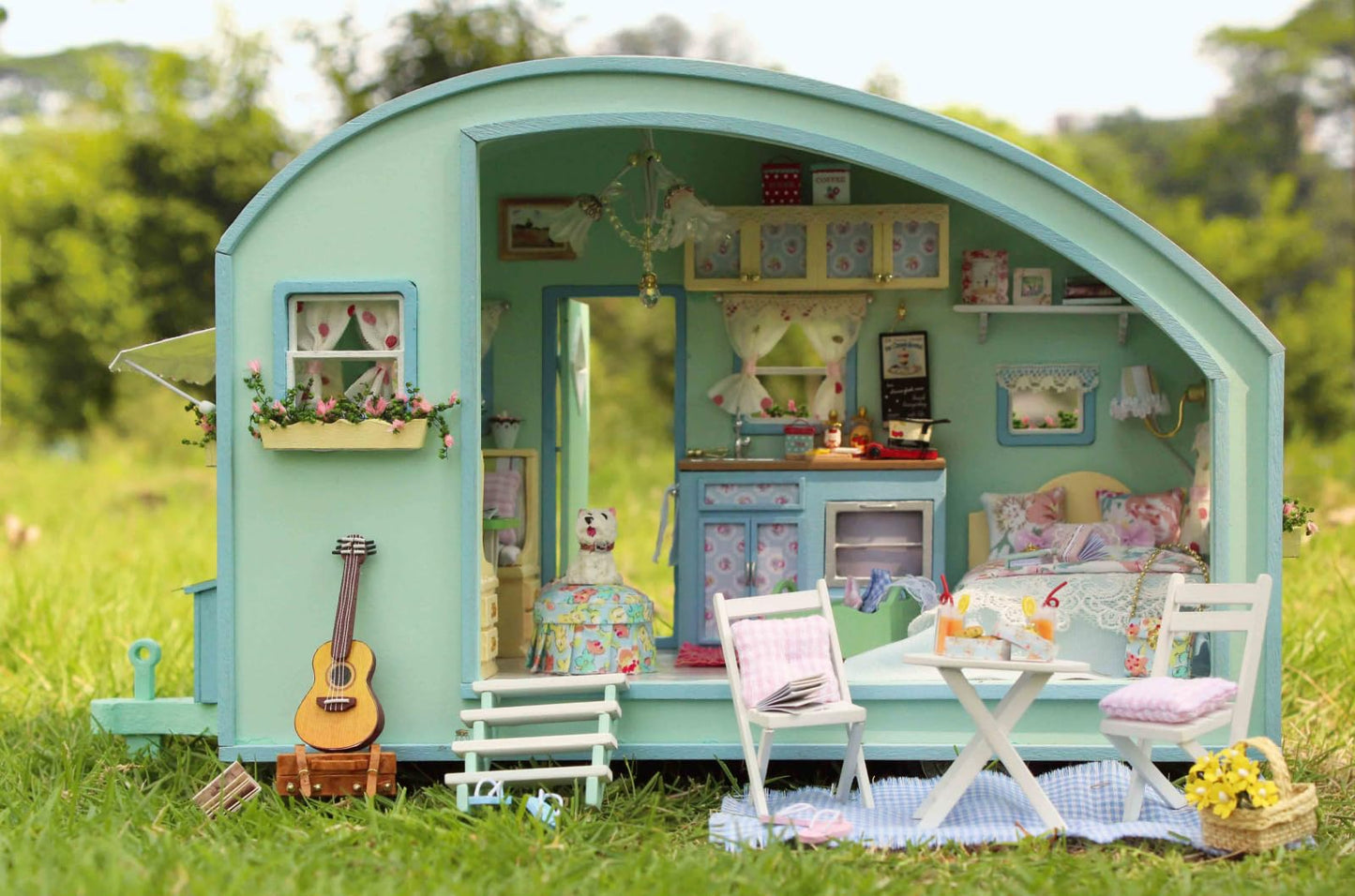 CUTEROOM DIY Miniature Wooden Caravan Dollhouse Kit with Furniture - Creative Mini Doll House Craft for Adults, Teens - Perfect Christmas Birthday Gift