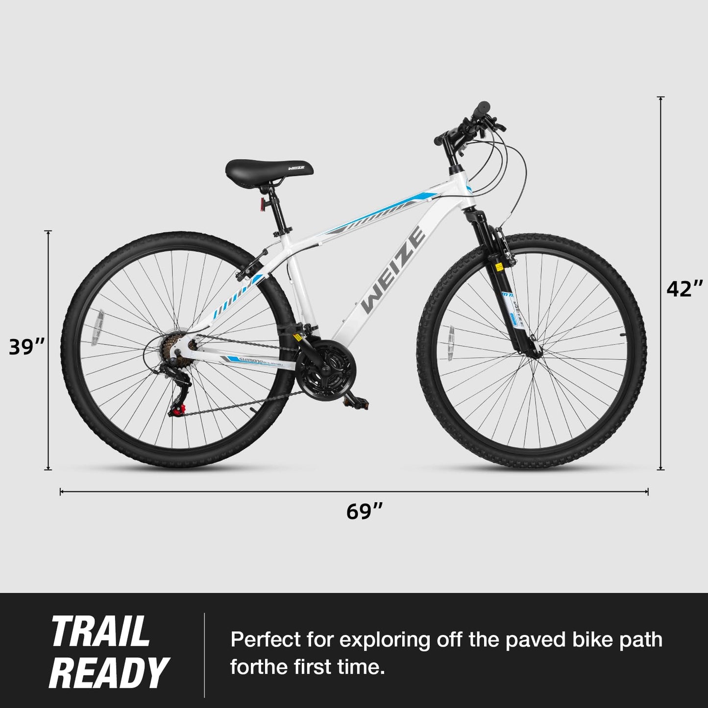 WEIZE Hardtail Mountain Bike, 29 Inch Wheels Outdoor Cycling Bike, 21-Speed Trigger Shifter, Aluminum Frame for Women and Men, Comfort Saddle, MTB Bicycle with Suspension Fork, White