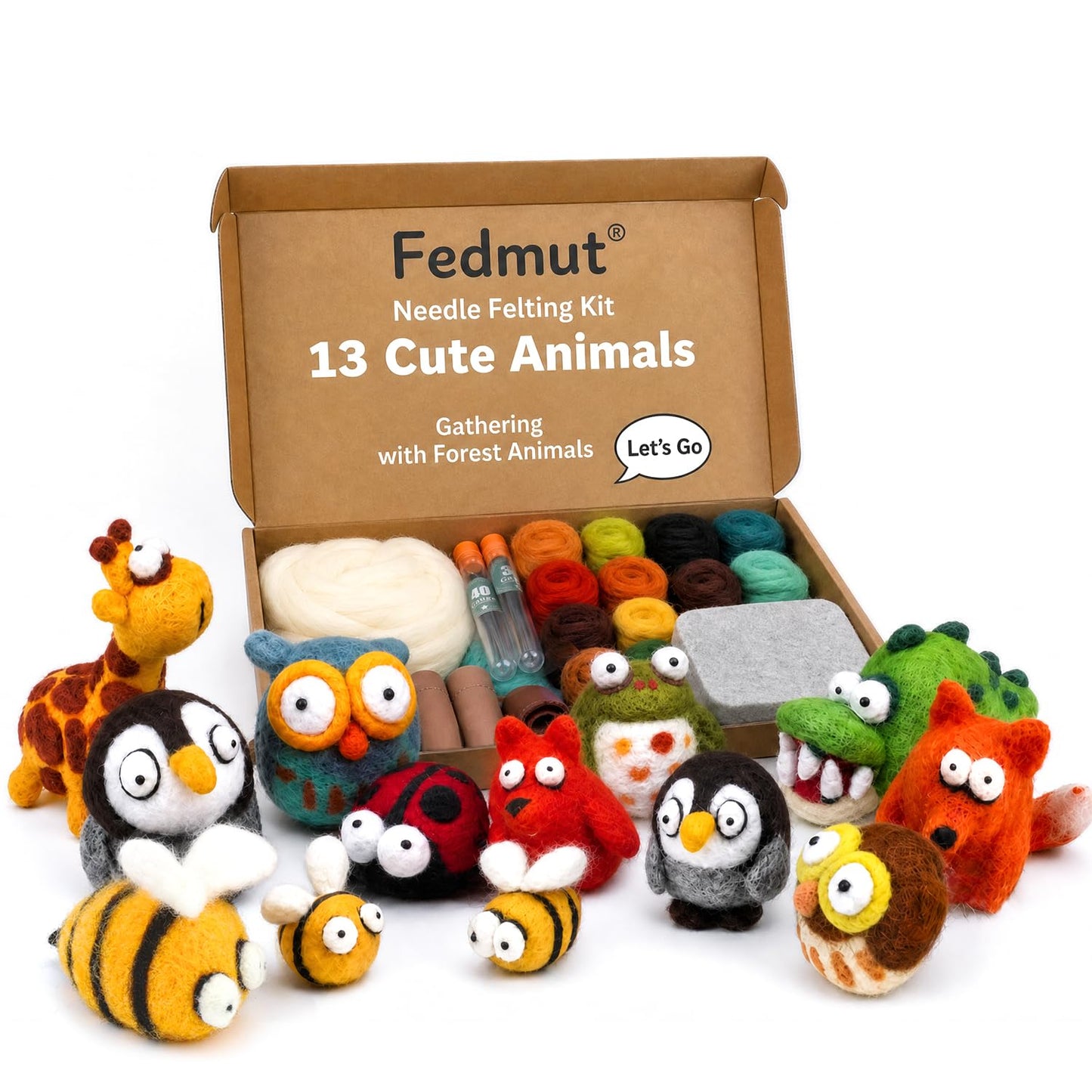 Fedmut Needle Felting Wool Kit, Felting Kit to Make 13 Cute Animals, 26 Colors Vibrant Soft Wool Roving with Felting Tools Supplies, Starter Kits for Beginners & Adults