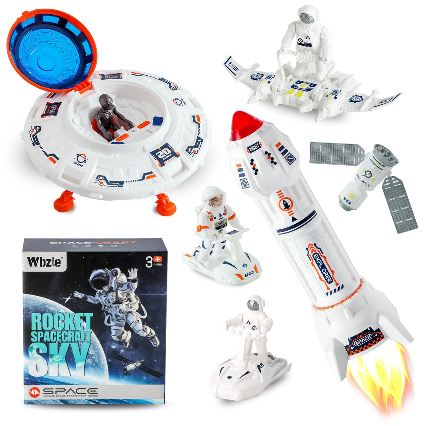 Wbzle Rocket Ship Toy, UFO Spaceship Toy Set with Alien, Space Toys with Lights and Sound, Astronaut Figure Playset, STEM Toddler Educational Toys for Boys 4-6 Year Old