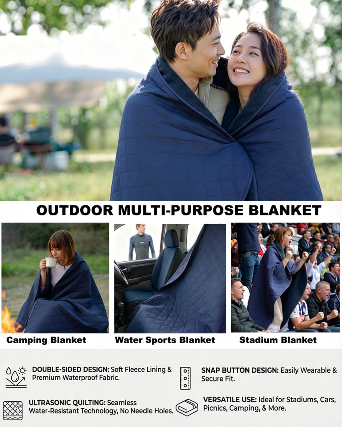 Waterproof Outdoor Stadium Blanket – Quilted & Windproof, 57"x49" Compact Picnic & Beach Blanket for Camping, Sports, Travel – Car Seat Cover for Post-Water Activities, Navy