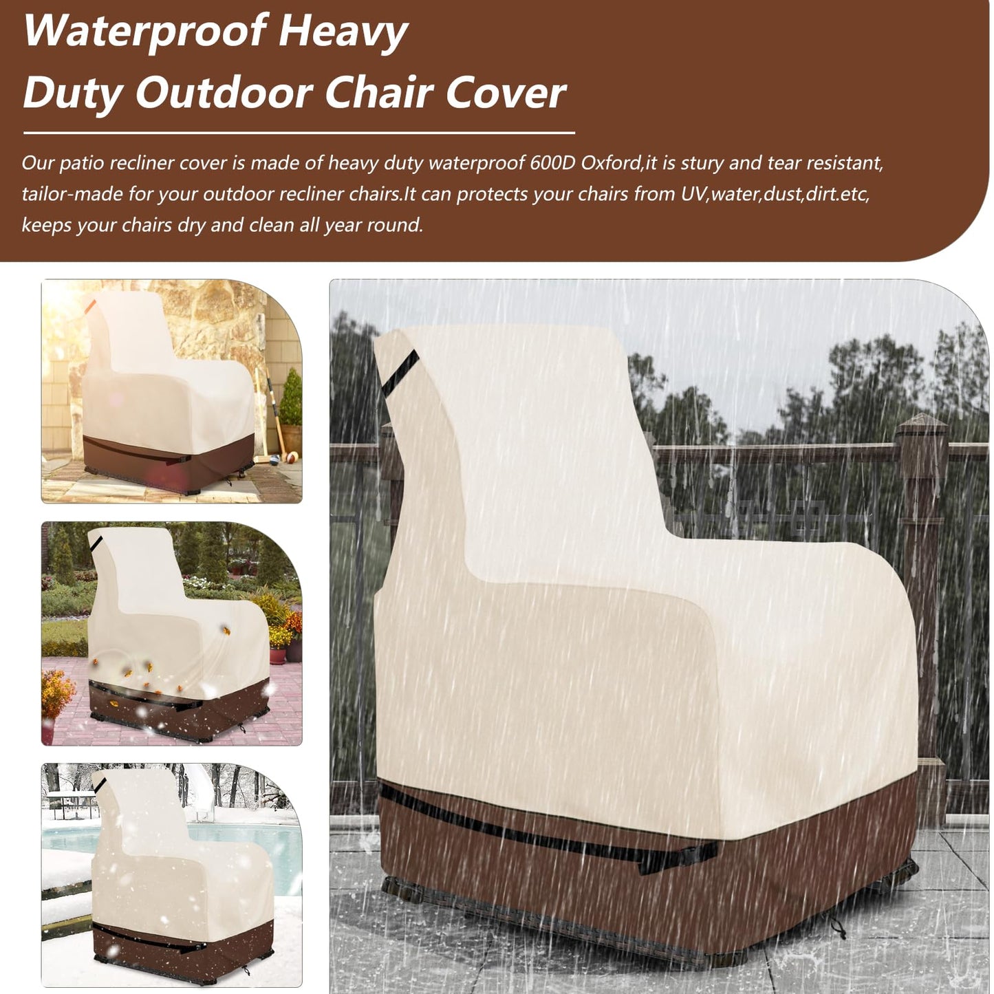 Youkaver Outdoor Recliner Chair Covers,Patio Swivel Chair Covers,600D Heavy Duty Waterproof Patio Rocking Chairs Cover,Outdoor Furniture Covers for All Weather Protection.Beige & Brown