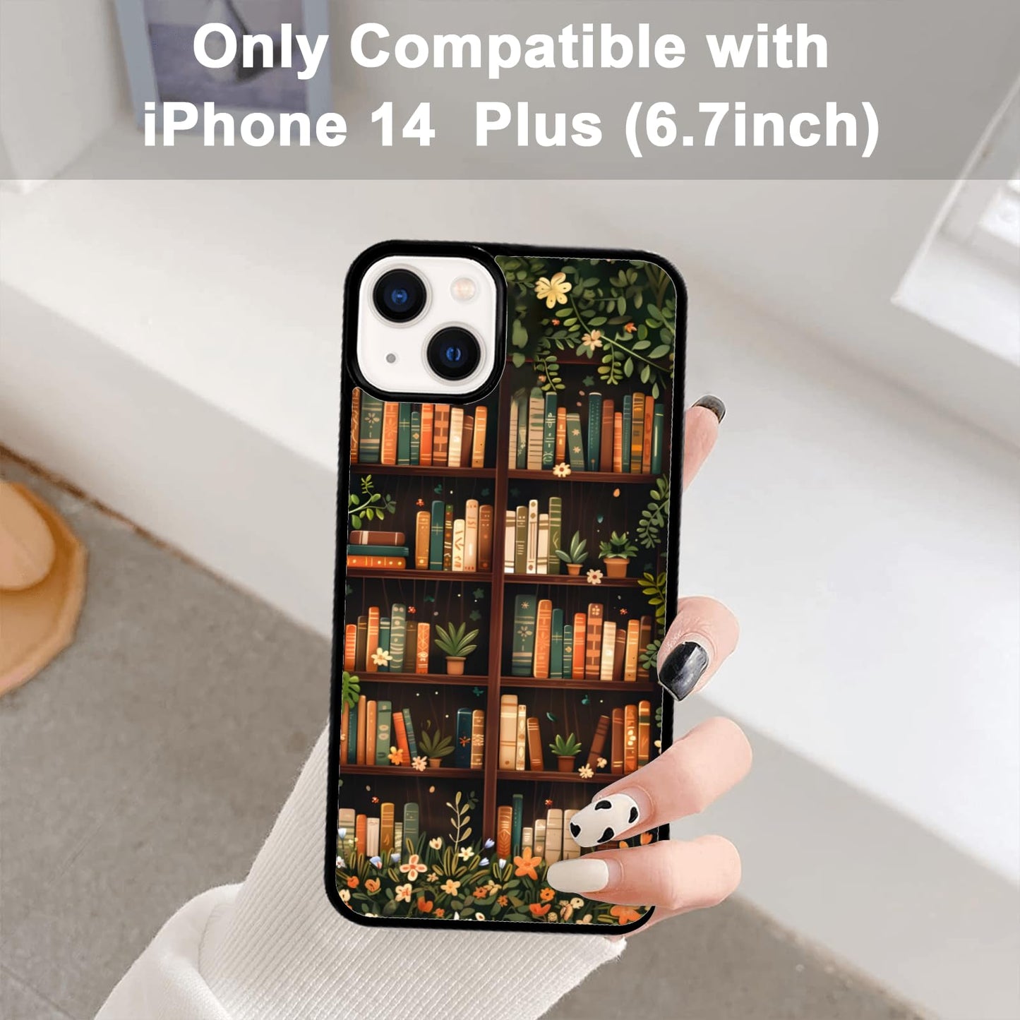 Aesthetic Floral Bookshelf Book Phone Case Compatible with iPhone 14 Plus Case 6.7 Inch, TPU Shockproof Protection Vintage Flowers Bookish Art Reading Book Lover Gifts Phone Case for Girl Women Cover