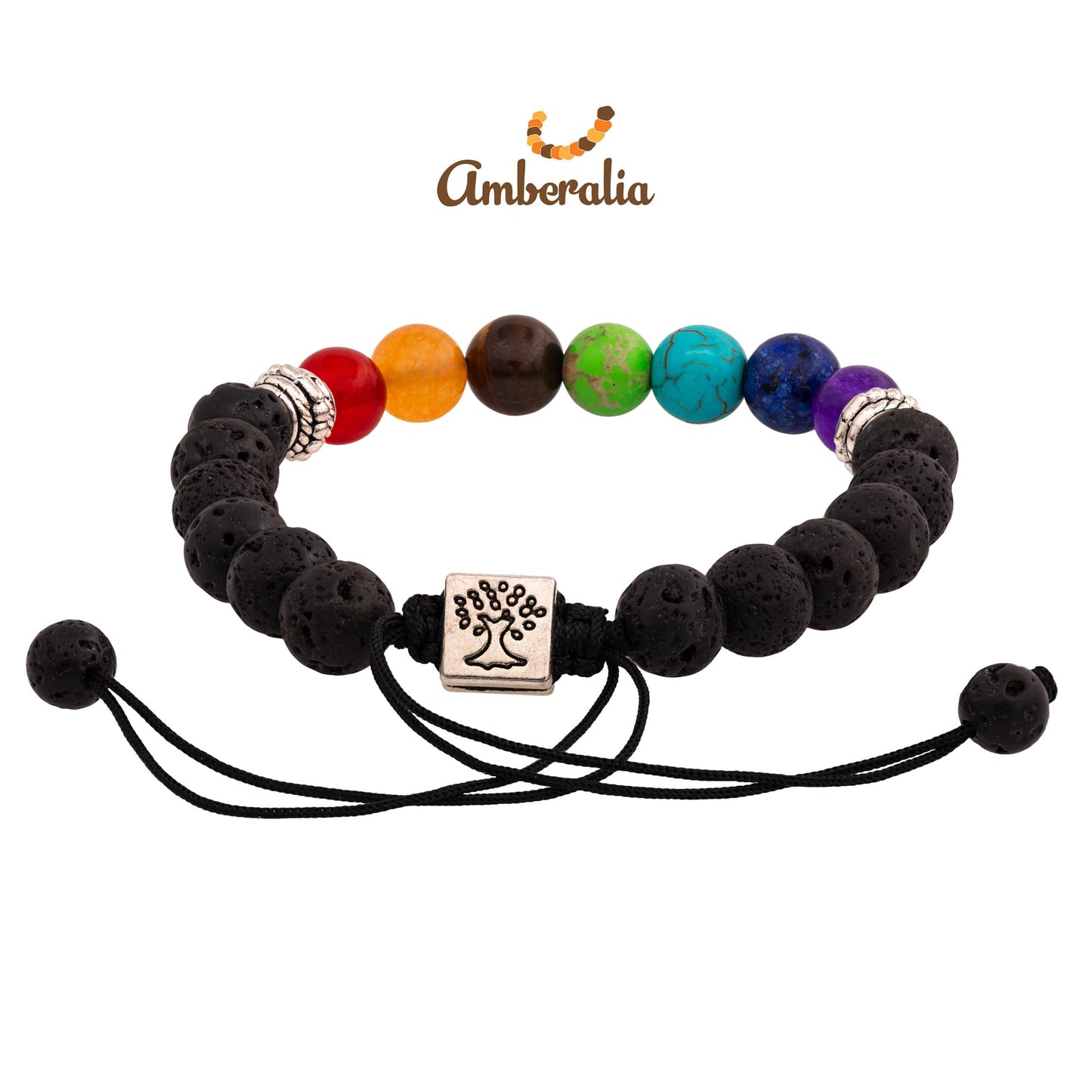 Amberalia Chakra Bracelet, Adjustable, Lava Stone Beads, Tree of Life Charm, Silver