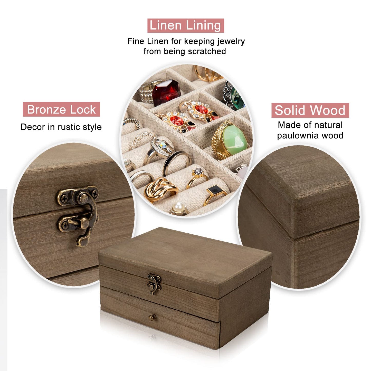 Pinzoveco Jewelry Box for Women, Rustic Wooden Jewelry Organizer Box for Storage Earrings Rings Necklace Bracelet, Farmhouse Style Wood Jewelry Boxes & Organizers (Gray)