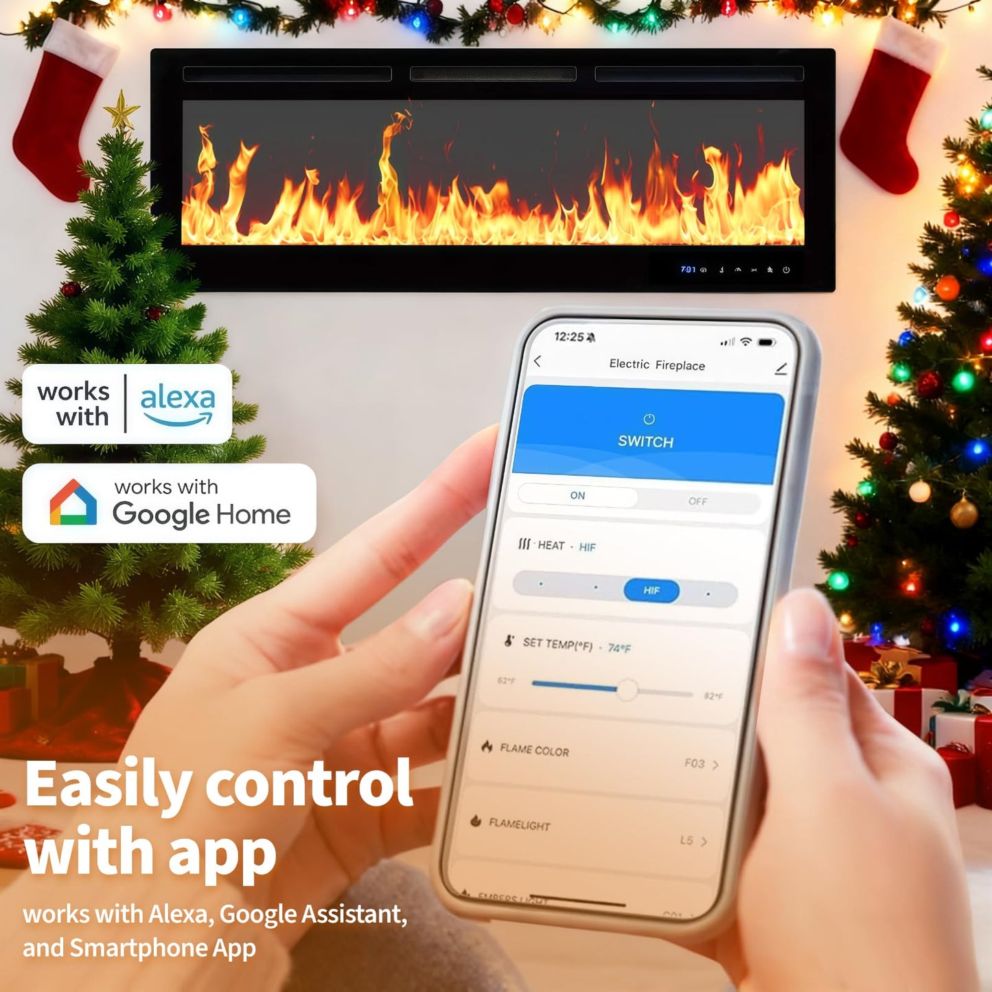 50" Smart Electric Fireplace Wall Mount, 1500w Heater with Remote Control & Timer, 12 Color LED Flame Effect, Touch Screen, for Living Room Bedroom Indoor Use
