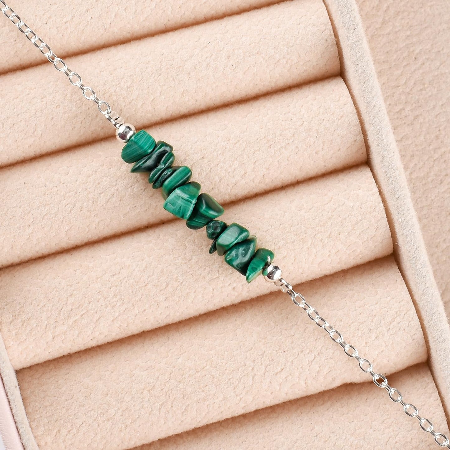 Yanara Malachite Anklets Nuggets Ankle Bracelets for Women Natural Birthstone Silver Plated Jewelry in 9” +1.5” inch Chakra Crystals Valentines Day Gifts For Her