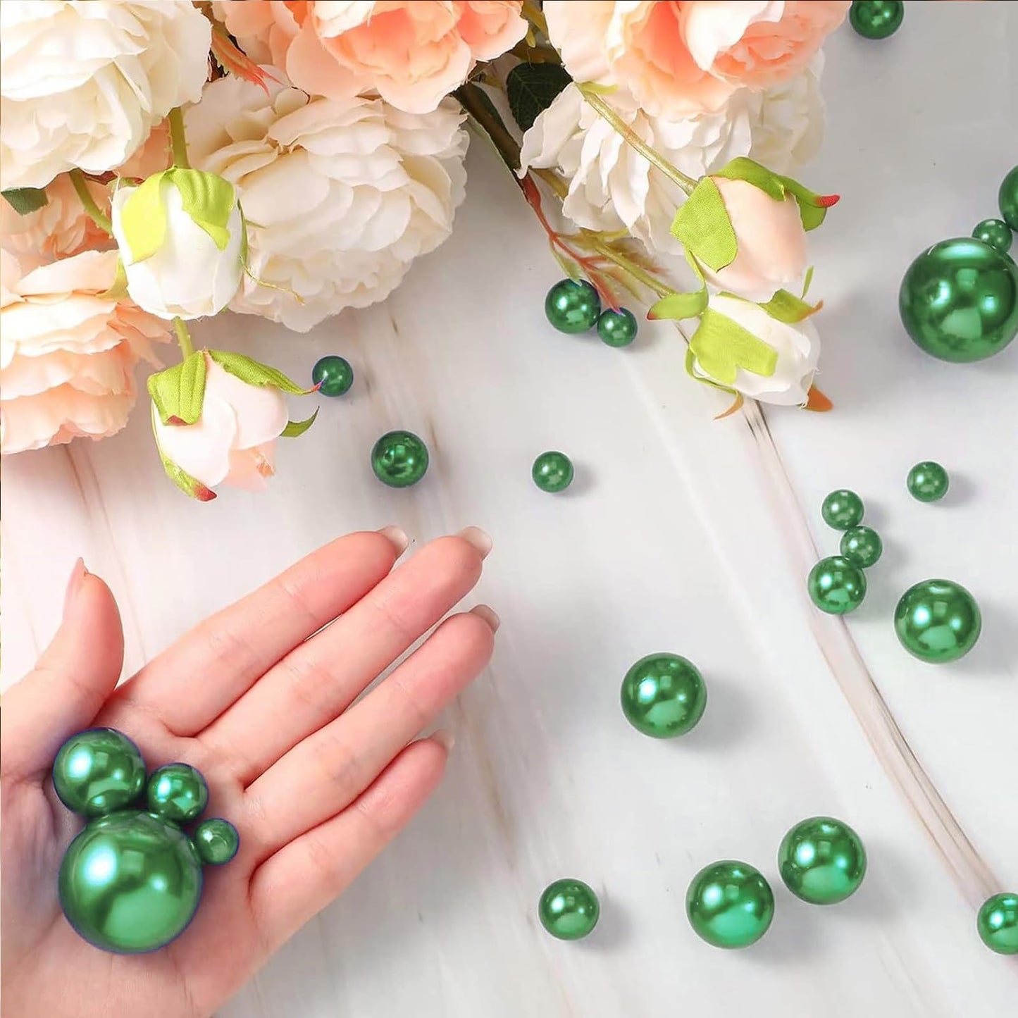 Chuxin 230 Pieces Floating Pearls for Vases Filler, 20/14/10mm Pearl Beads No Hole Faux Green Beads for St. Patrick's Day Vase Centerpieces Home Table Party Decor
