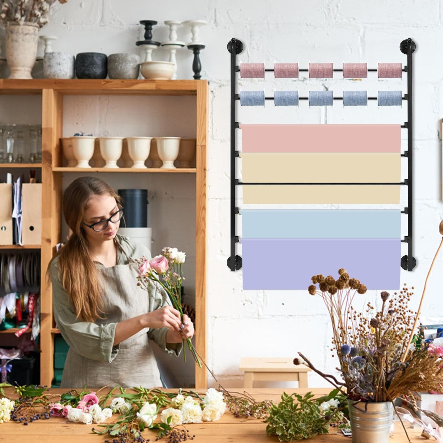 ikare Ribbon Storage Organizer,Wall Mounted Ribbon Organizer,Wrapping Paper Rack,7-Tier Metal Ribbon Storage for Craft Room,Flower Shop,Christmas Gift Wrapping Paper