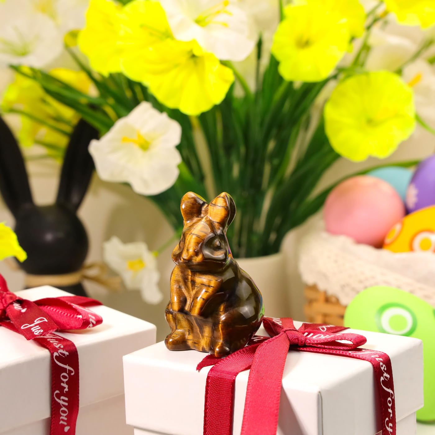 DUQGUHO Tiger Eye Bunny Decor Crystals Rabbit Statue Pocket Polished Natural Gemstone Crystals Figurines for Easter Decoration Office Room Desk Decor 1.5’’ Gifts for Women 1PC