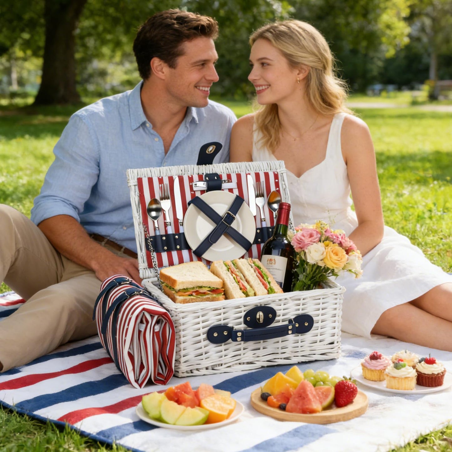 Wicker Picnic Basket for 2 with Waterproof Picnic Blanket and Insulated Bag, Patriotic Red White and Blue Star Pattern for Soccer Game, Camping, Travel, Birthday Gift, Wedding Gift