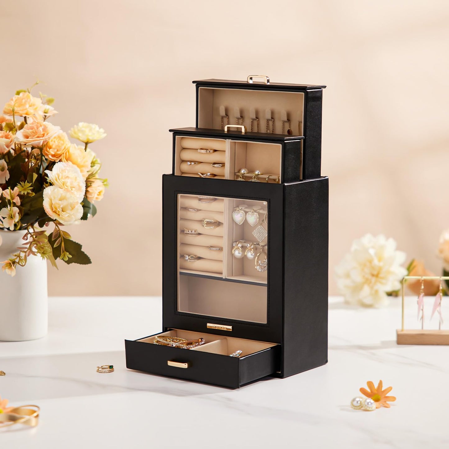 Homde Mothers Day Gifts Jewelry Organizer Girls Women Jewelry Box for Necklaces Rings Earrings Gift Bracelets Storage Case (Black + Gold)