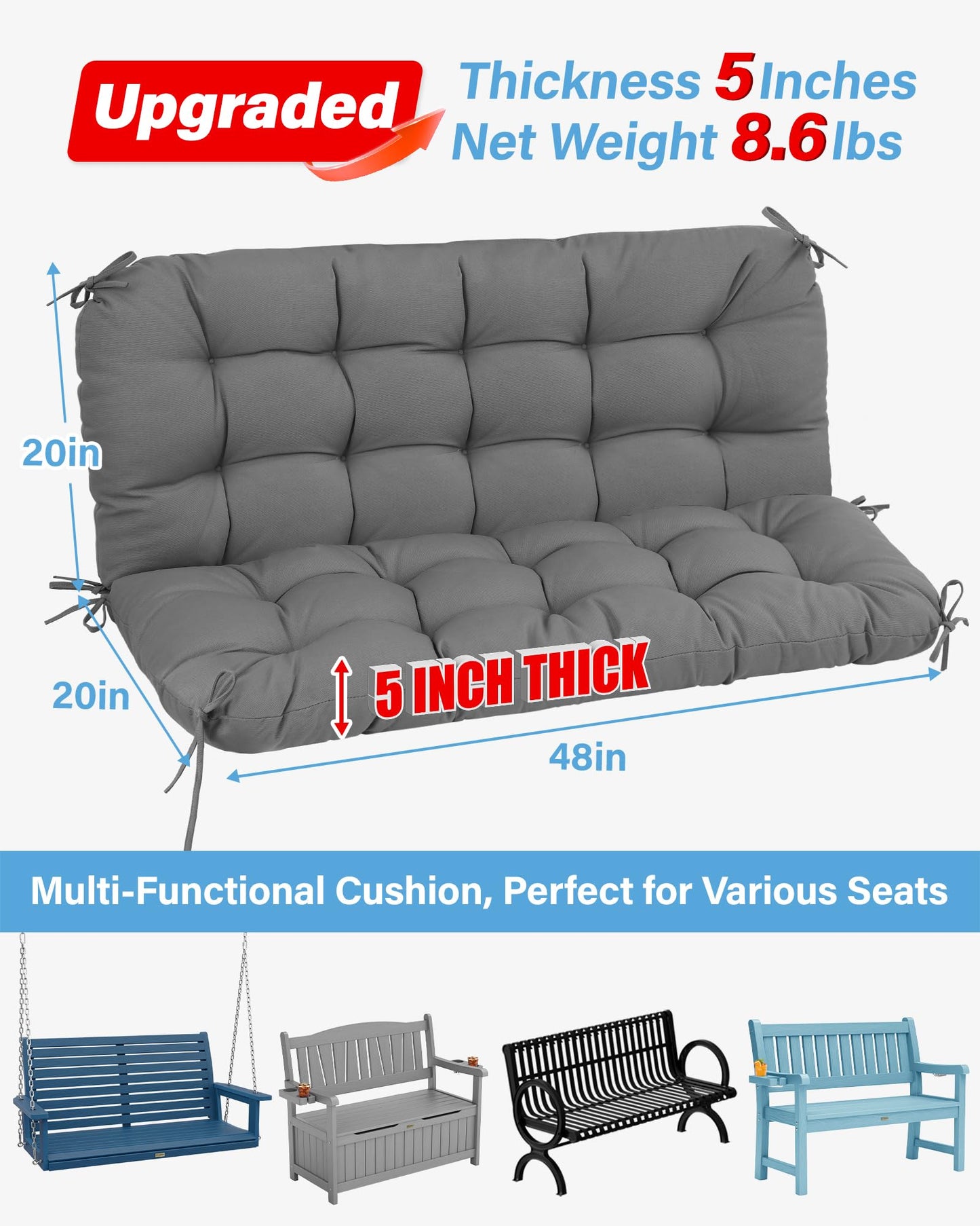 YEFU Porch Swing Cushions for Outdoor: 48 inch 5" Thick Outdoor Swing Cushions with Backrest - 2 Seater with Non-Slip Ties - UV Protection Bench Cushion for Patio - Waterproof & Machine Washable