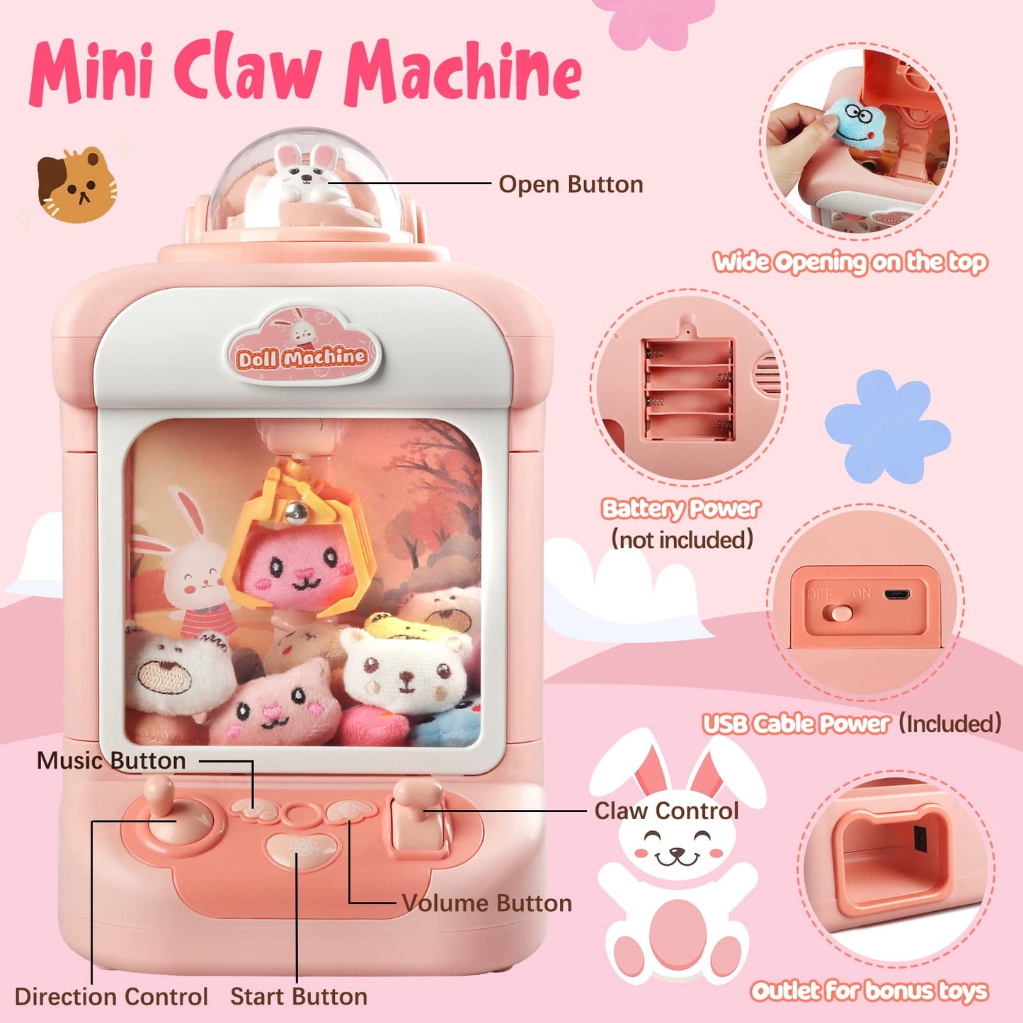 Tracpos Claw Machine for Kids,Mini Vending Machines Candy Grabber Prize Dispenser Toys for Girls,Electronic Arcade Claw Game Machine for Party Birthday with Lights Sound (Rabbit Claw)