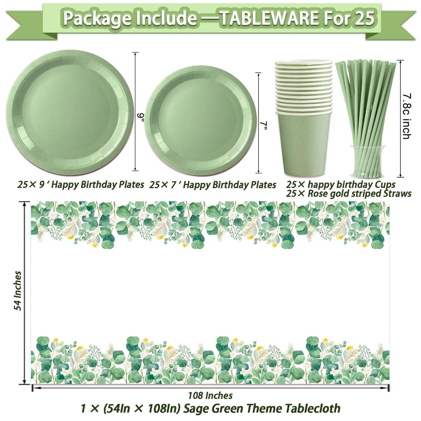 Guudmua 222 Pcs Sage Green Happy Birthday Decorations, Birthday Decorations for Women or Girl Kit- Disposable Dinnerware Set with 25 Guest, Balloons, Sash, Tiara, Banner, Paper Pom Poms