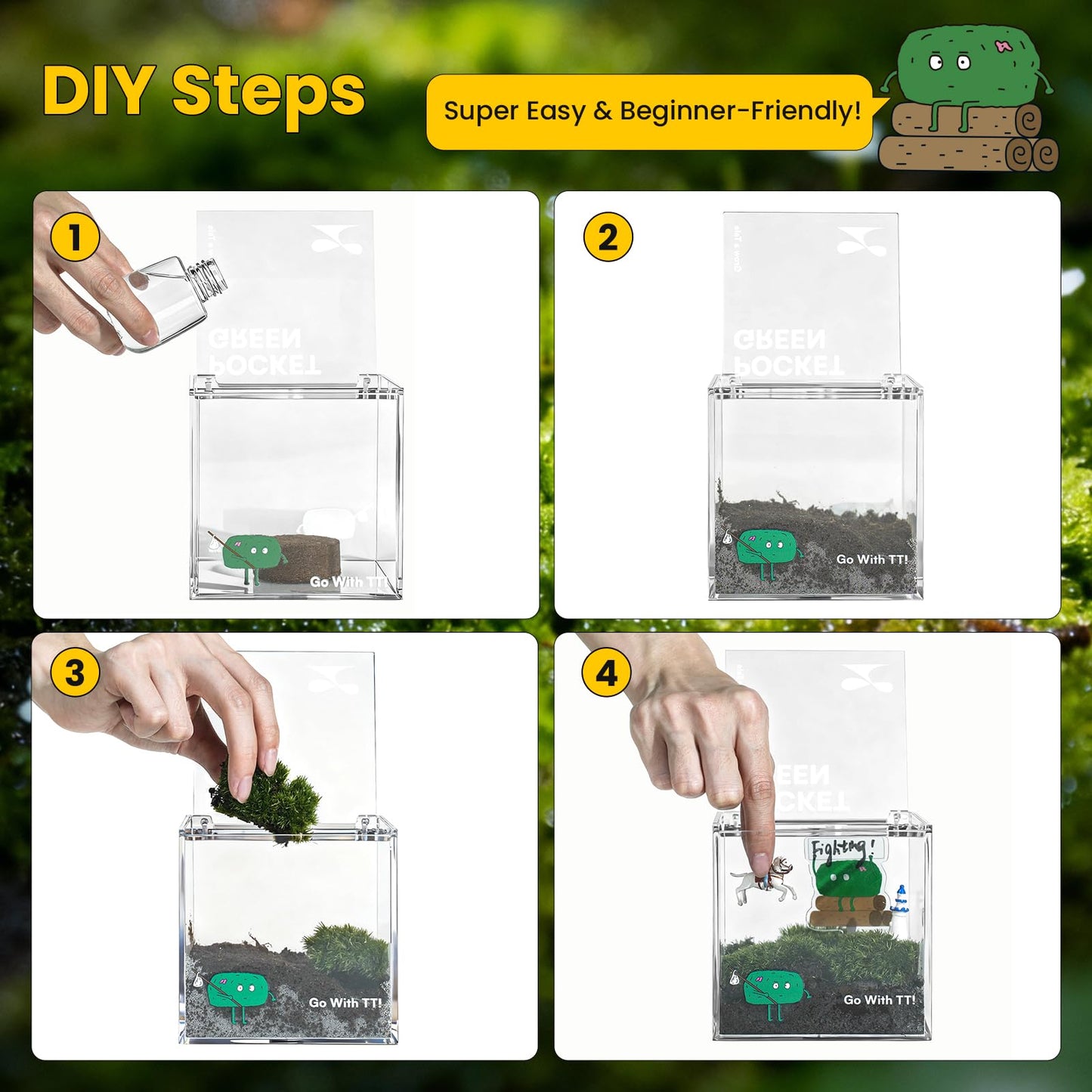 DIY Moss Terrarium Kit, 4 * 4 * 4 inch Acrylic Cube Mini Garden with Live Star Moss, Soil, Endless Love-Craft Kit for Adults and Teens, Relaxing Desk Decor & Unique Gift for Home or Office