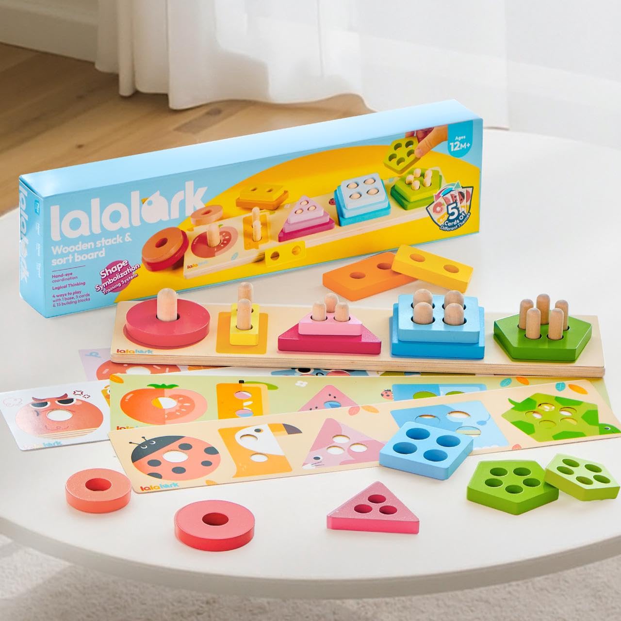 lalalark Montessori Toys for 1 2 3 Year Old, Wooden Sorting & Stacking Toys with 5 Theme Cards, Educational & Learning Sensory Sorter Toys for Toddlers，Boys Girls Easter Valentine Birthday Gifts