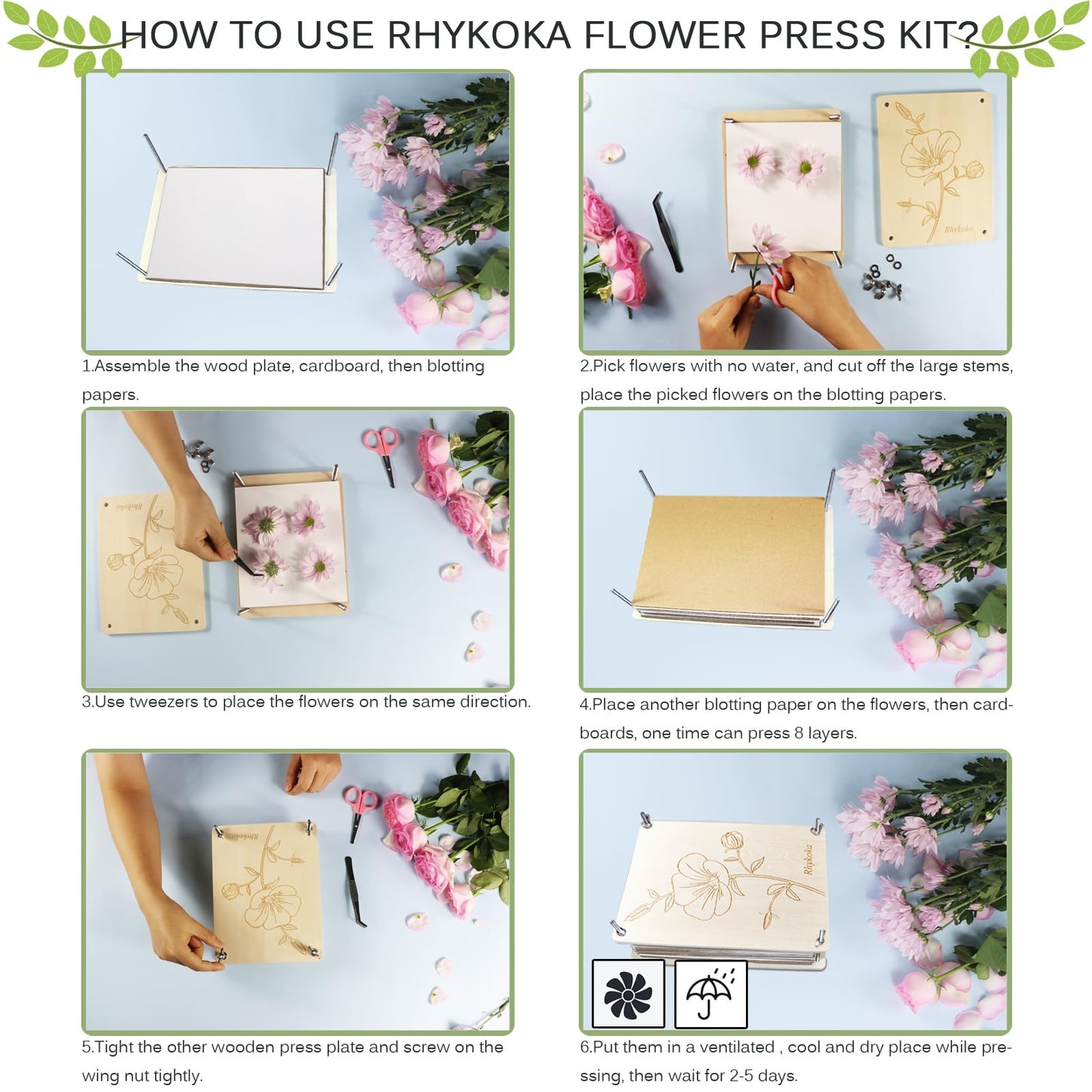 Rhykoka Professional Flower Press, 8 Layers 6.3x8.3 inch (16x21cm) Wooden Flower Press Kit/Flower Pressing for Adults, Great Gift for DIY Flowers Lovers (Wooden)