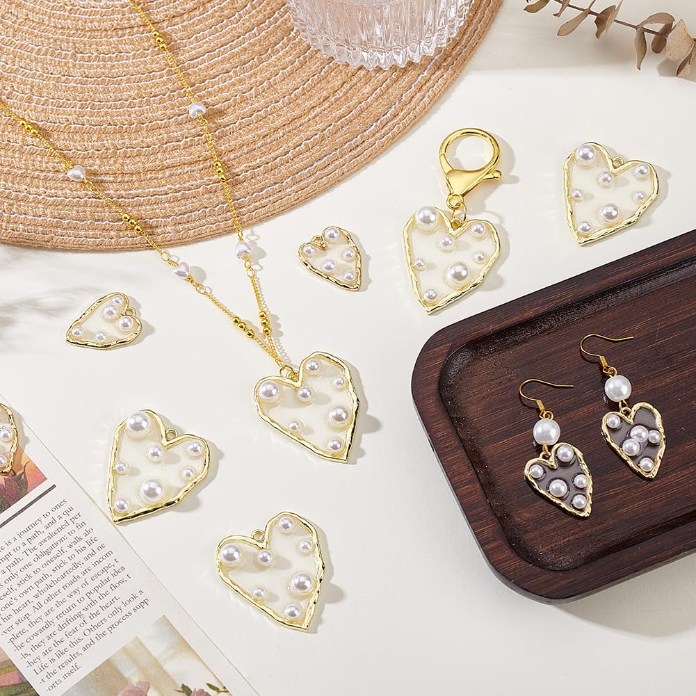 AHANDMAKER 10 Pcs 2 Styles Gold Filled Clear Enamel Heart Pearl Charms Light Gold Edge Plated Pendants Faux Pearl Love Embellishments for Jewellery Making Necklace Bracelet DIY Crafts