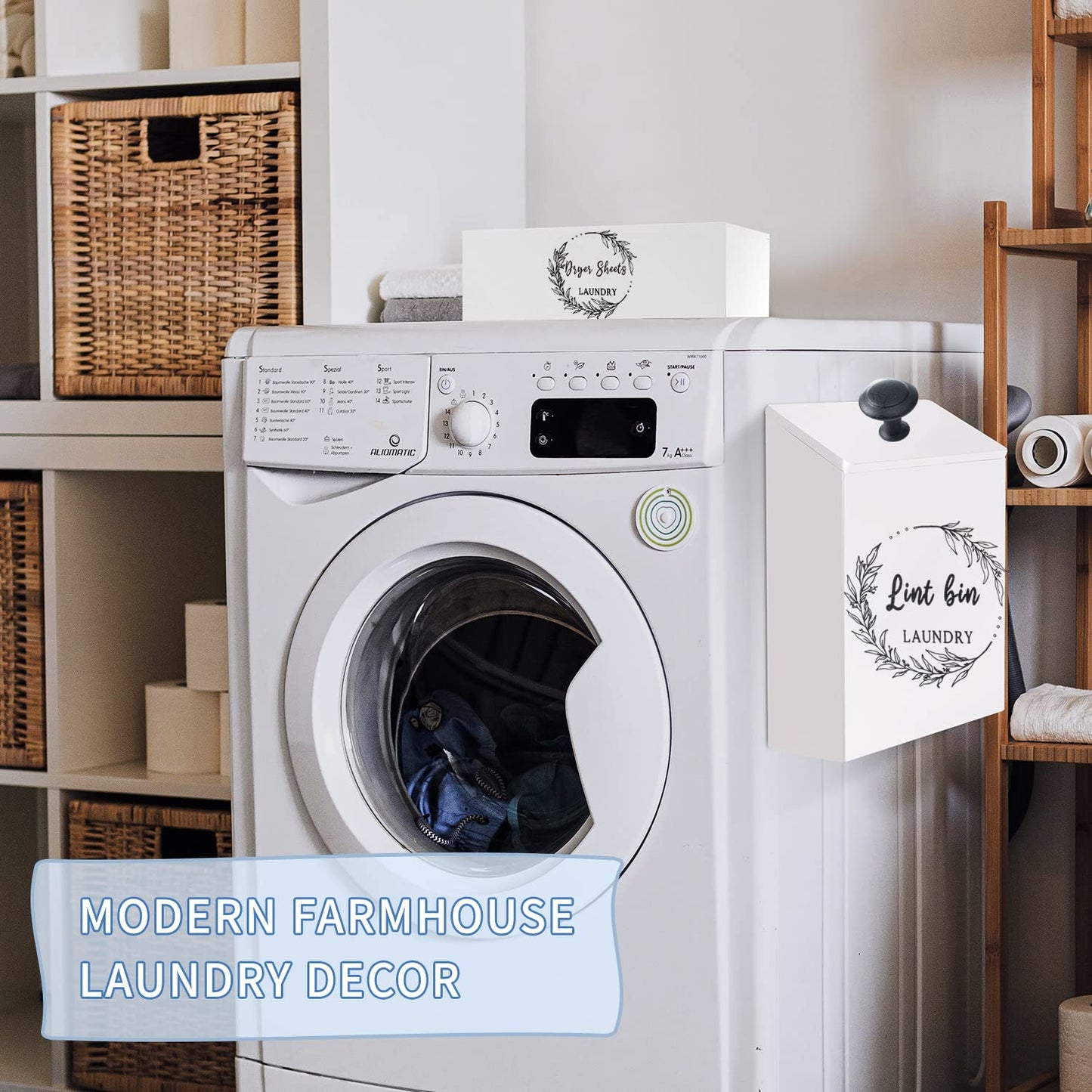Magnetic Lint Bin and Dryer Sheet Holder Set for Laundry Room, Farmhouse Wooden Lint Trash Can with Lid and Dryer Sheet Dispenser Box Magnetic for Mounting on Dryer,Stylish Laundry Room Organiz(White)