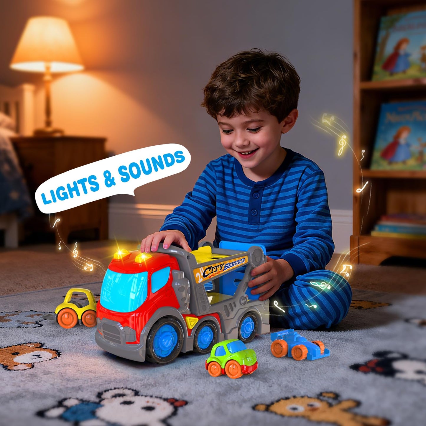 P&C 12.2" Toddler Car Transport Truck Toys for Ages 2-4, Car Carrier Transporter Double-Deck Hauler Truck‌ Toy Set with Sounds Lights for Kids 18M+ 2 3 4 5, Birthday Christmas Gifts for Boys Girls