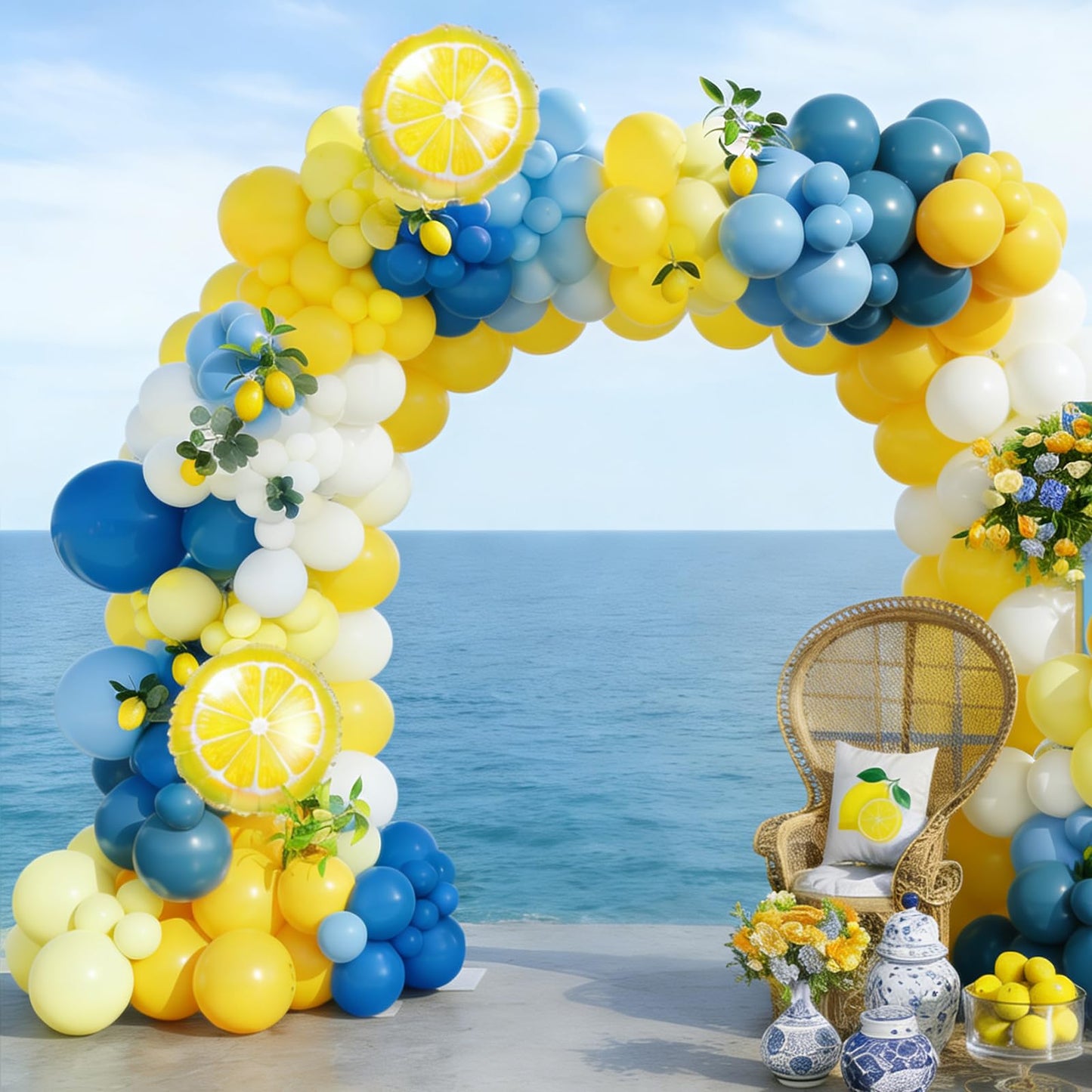 Amalfi Coast Lemon Balloon Arch Kit 144pcs Blue and Yellow White Balloons with Lemon Balloons for Valentine's Day Bachelorette Bridal Shower Lemon Themed Birthday Party Decorations