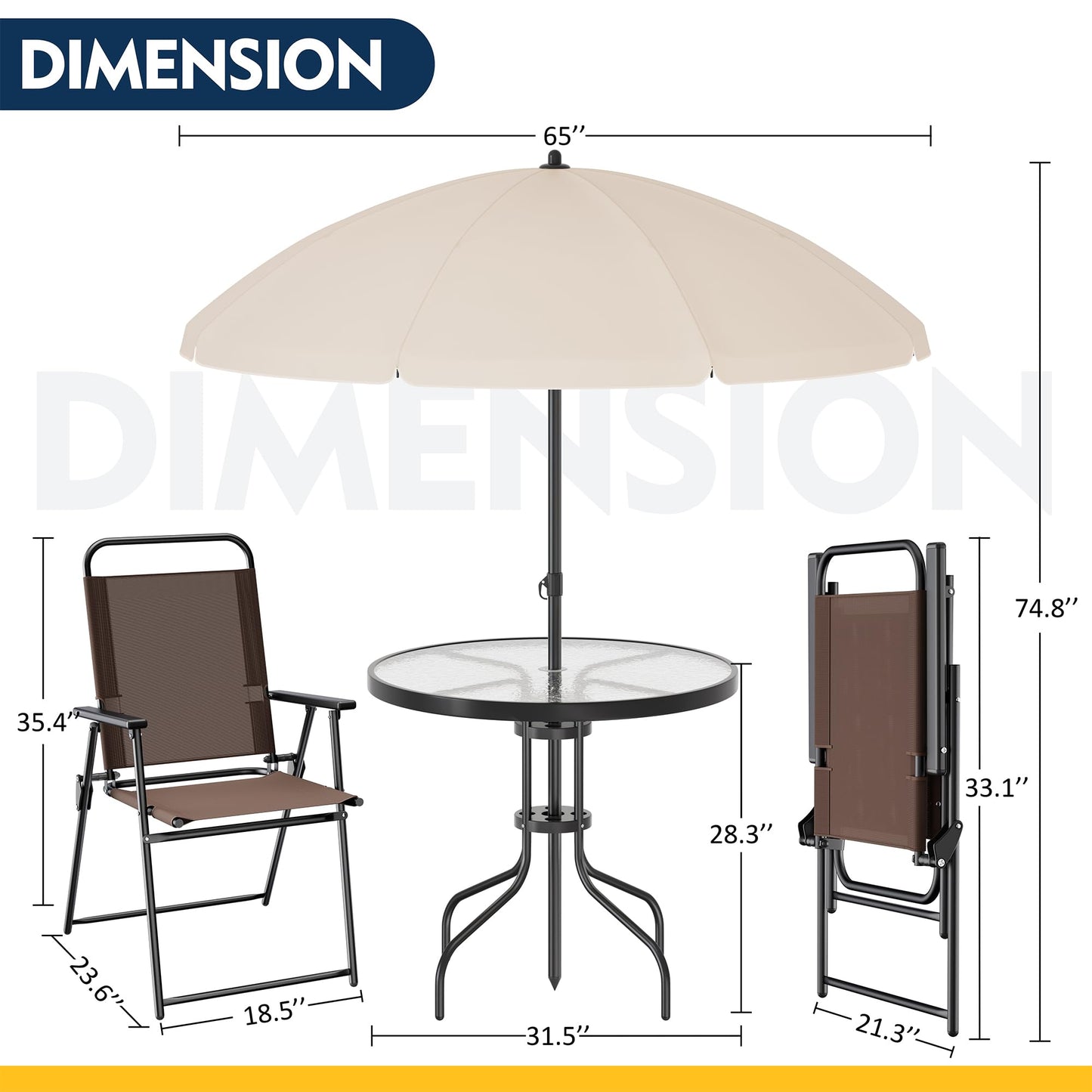 Shintenchi 6 Piece Patio Dining Set with Umbrella, Outdoor Furniture Set with 4 Folding Chairs and Tempered Glass Top Dining Table fot Lawn Backyard Garden Porch Brown and Beige