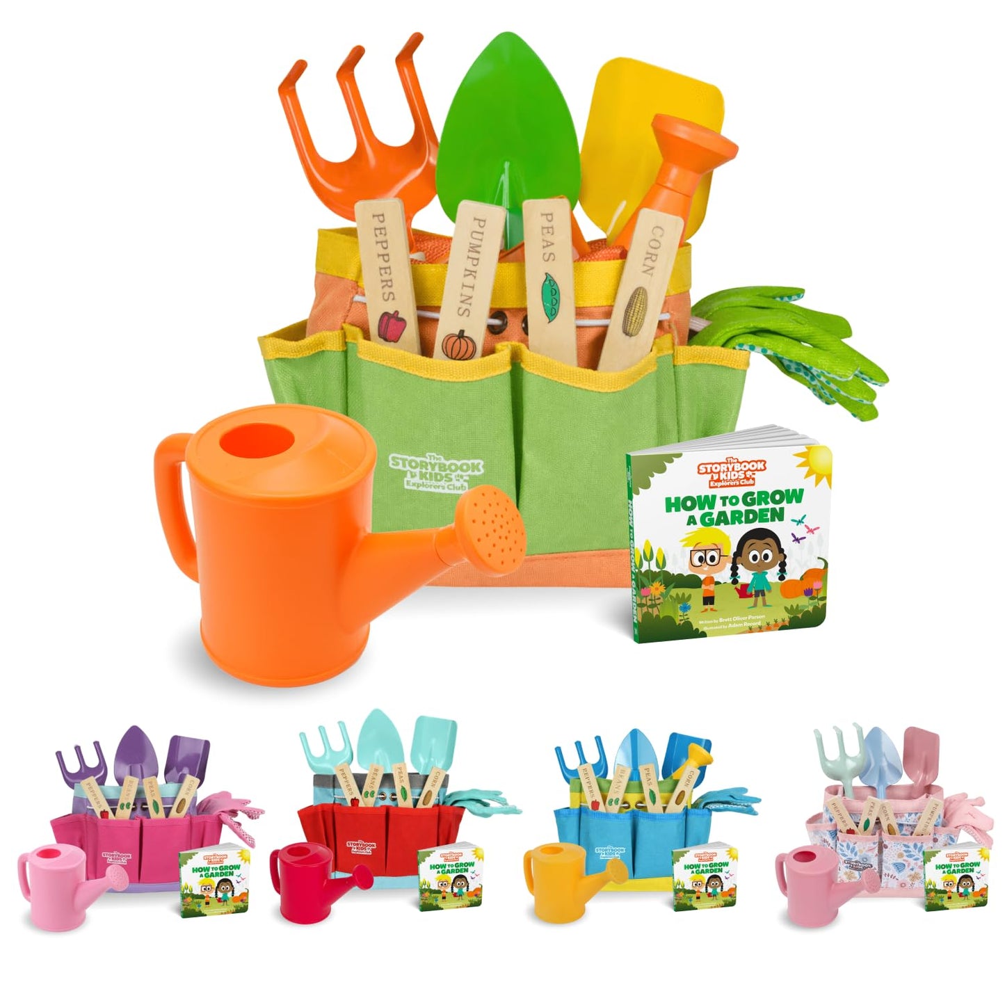 Matching Board Book - Green Kids Gardening Tools Set Includes Sturdy Tote Bag, Watering Can, Shovel, Rake, and Trowel - Garden Storybook - Kids Garden Tools- Easter Gifts for Toddler Age on up.