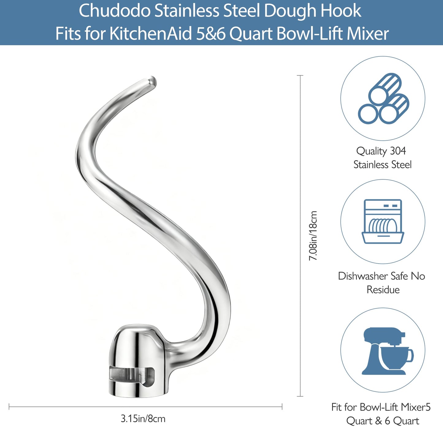 Stainless Steel Dough Hook for KitchenAid 5-6QT Bowl-Lift Stand Mixers, Fit for KSM5 KV25G0X KV25G8X KV25H0X KP26M1X KP26M8X, Heavy Duty, Dishwasher Safe