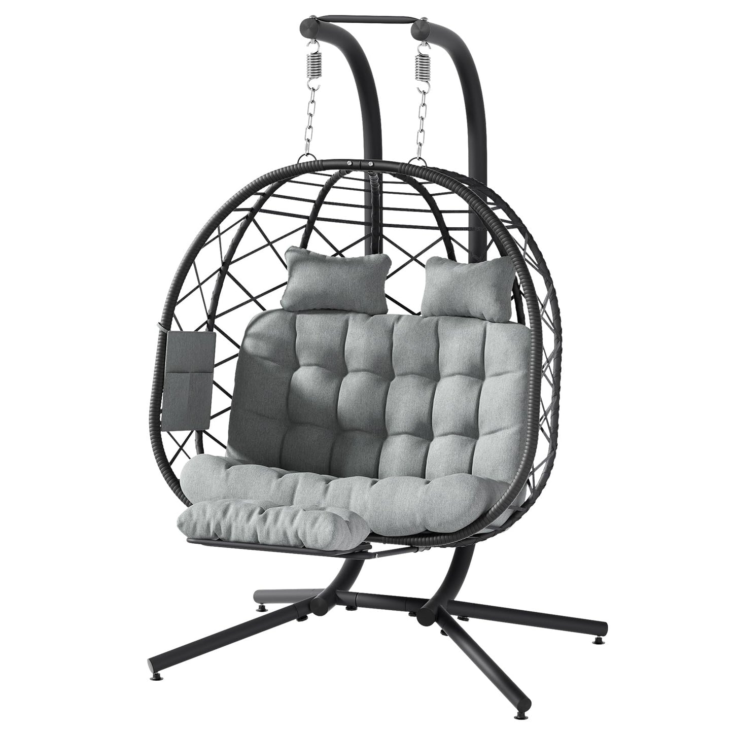 Suteck Double Hanging Egg Chair with Adjustable Footrest & Stand, Indoor Outdoor 2 Person Wicker Egg Swing Chair with Cushion, 660lbs Capacity for Patio, Bedroom, Garden - Grey