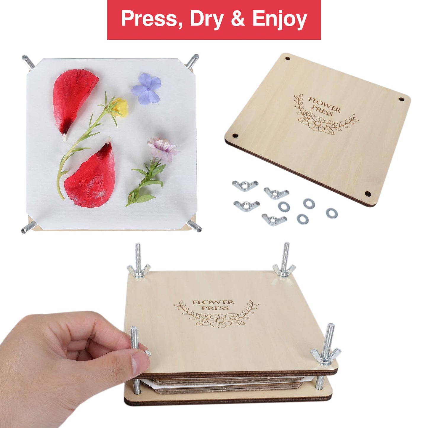 GOTHINK Flower Press Kit - 6 Layers 6 x 6 Inches, Easy to Use, DIY Dried and Preserved Flowers and Leaves, Plants Art & Crafts Wooden Flower Pressing Kit for Adults and Kids